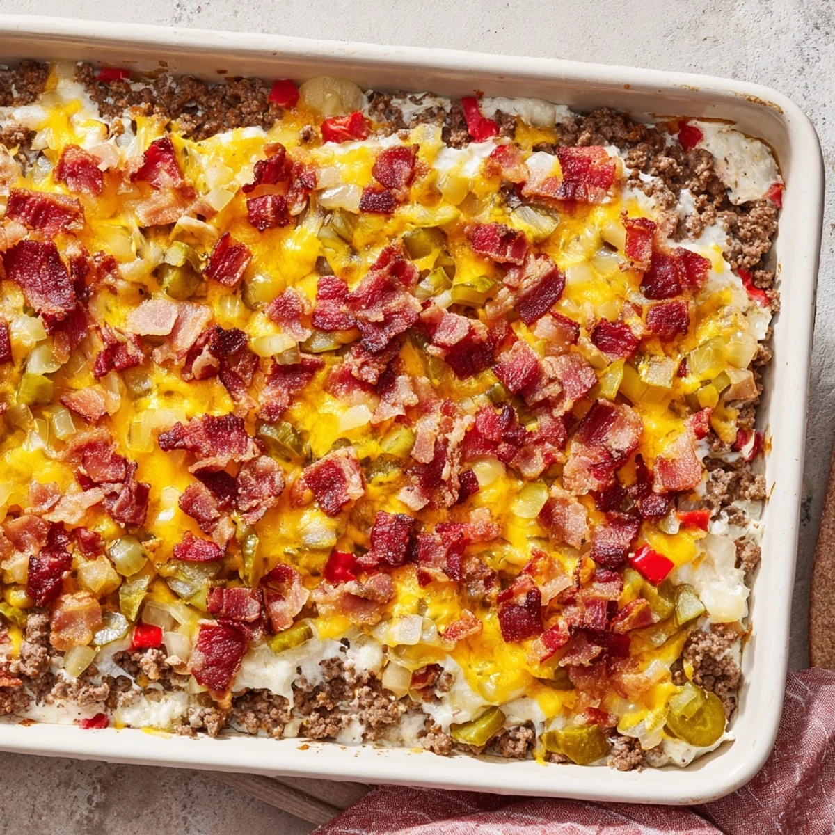 Family-style Low Carb Bacon Cheeseburger Casserole coming out of the oven, featuring golden brown cheese and a savory beef and bacon filling.