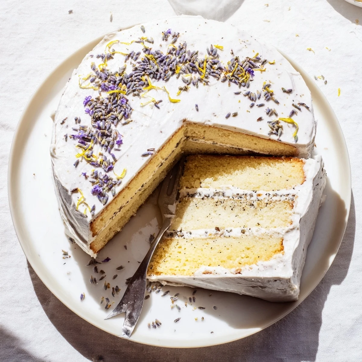 This image shows the finished London Fog Cake with Earl Grey & Lavender, featuring three layered rounds with creamy vanilla frosting and delicate dried lavender buds on top.