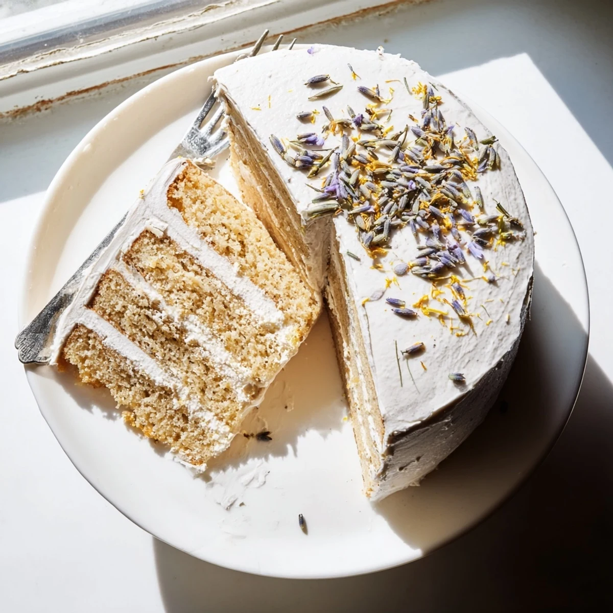 A slice of London Fog Cake with Earl Grey & Lavender is plated, showcasing the moist interior with visible tea flecks and a dollop of frosting.