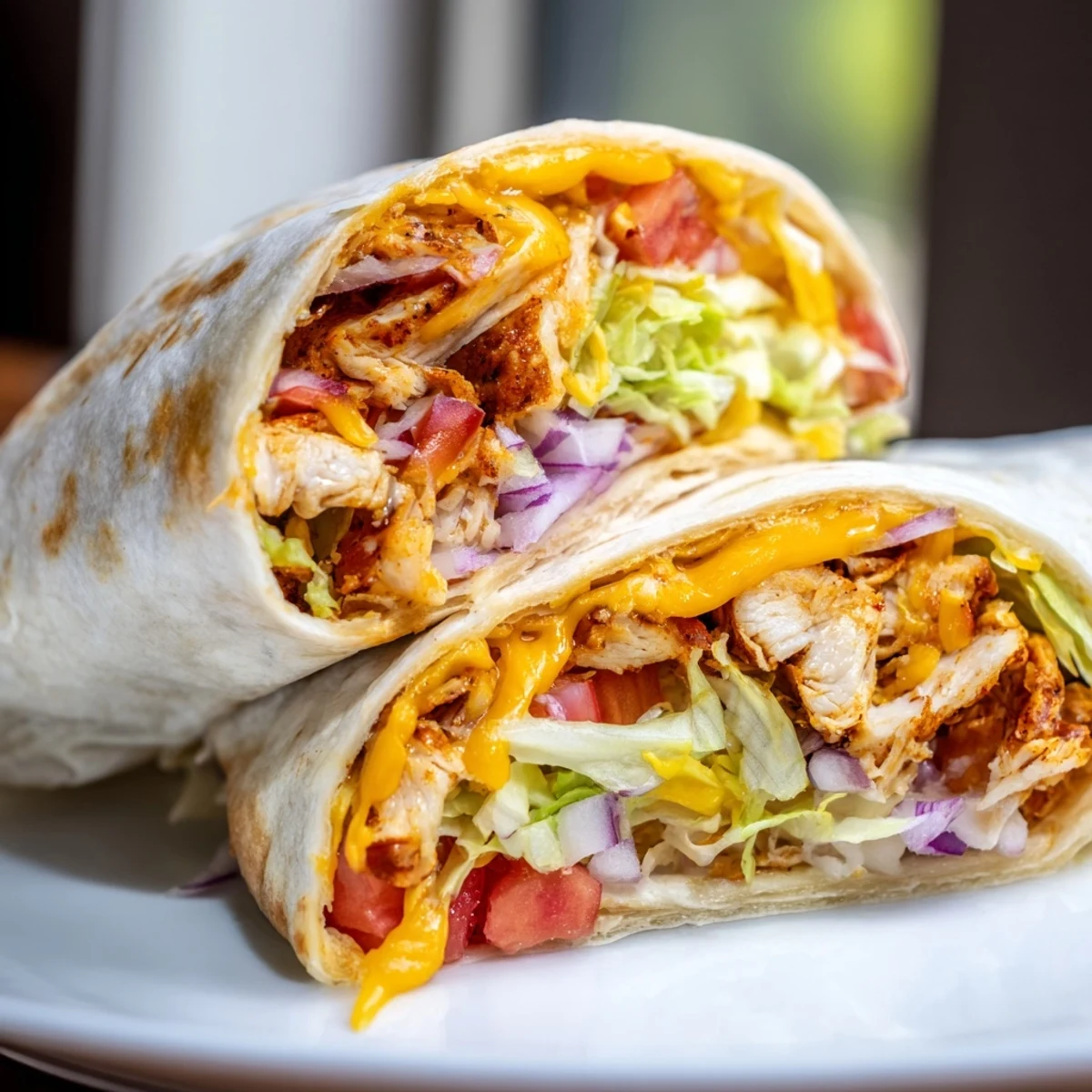 Golden-brown Cheesy Garlic Chicken Wraps filled with juicy chicken, melted mozzarella, and fresh lettuce on a soft flour tortilla.