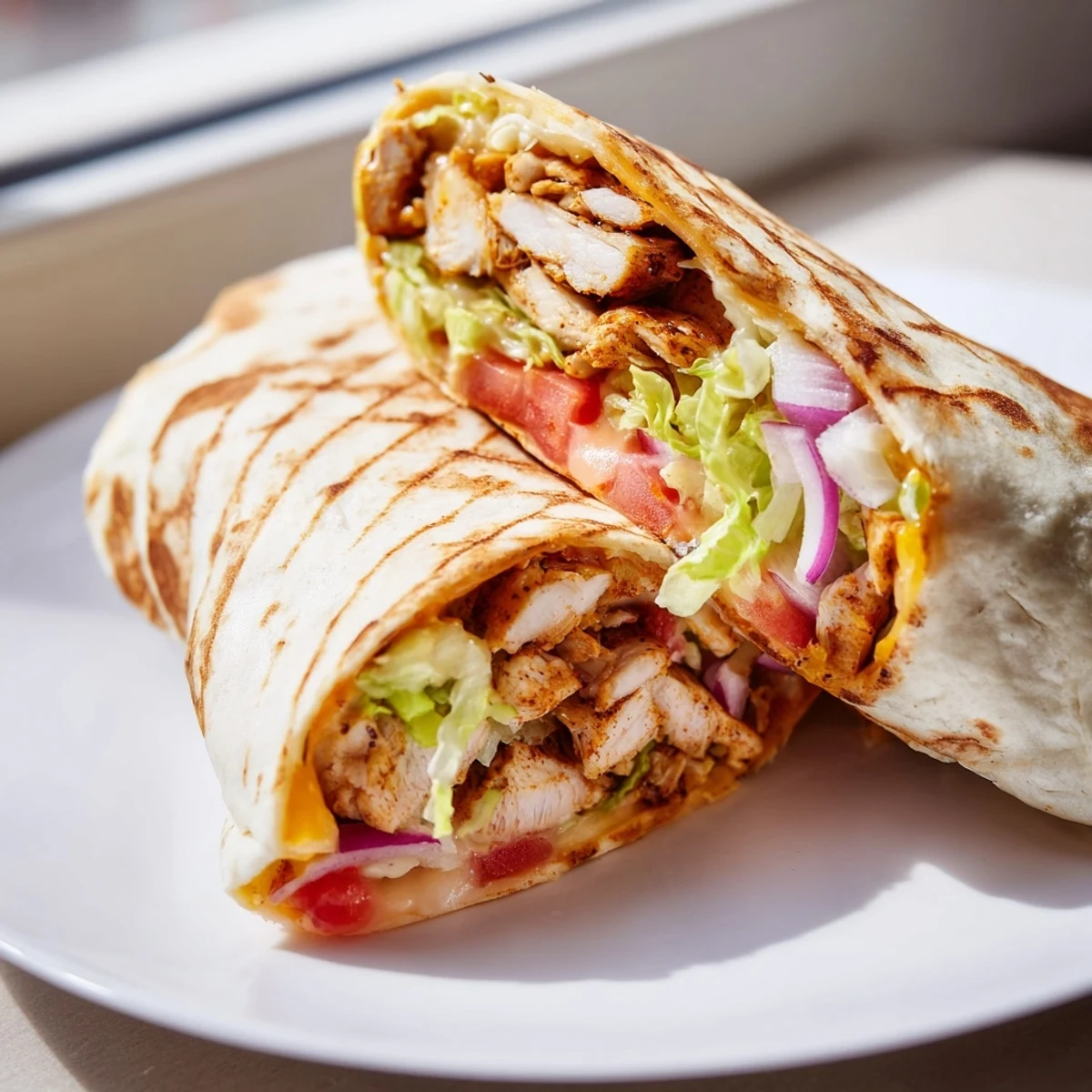 Freshly prepared Cheesy Garlic Chicken Wraps served with diced tomatoes and red onion on a rustic wooden table.