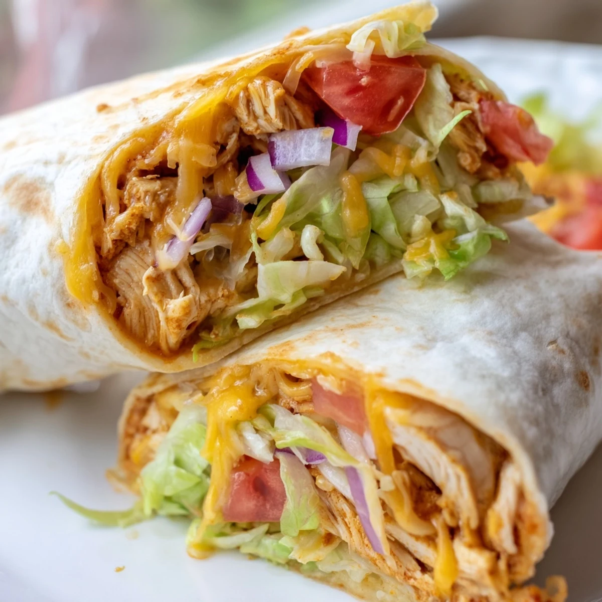 A close-up view of Cheesy Garlic Chicken Wraps sliced in half, showing melted cheddar and a creamy garlic sauce inside.