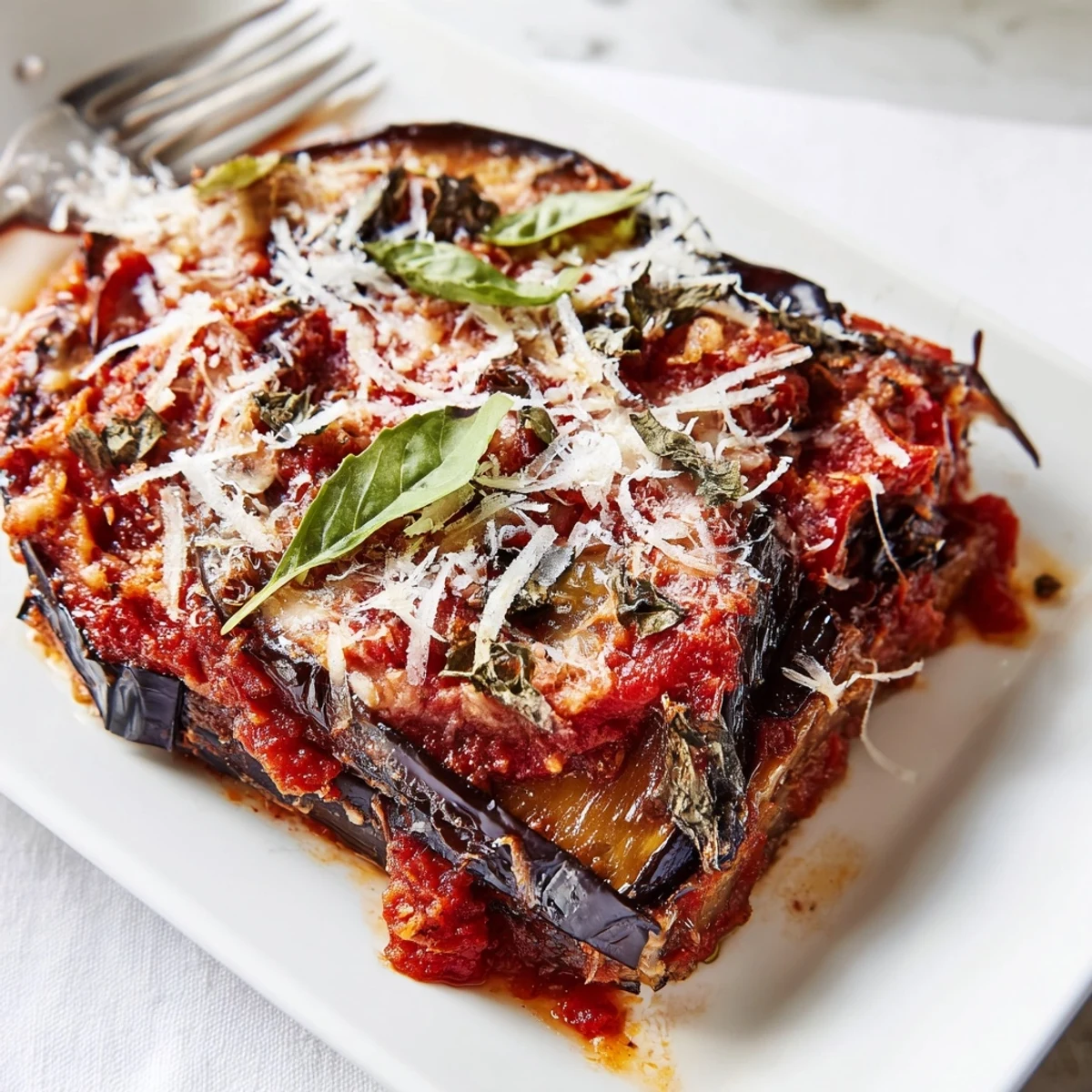 Smoky charred aubergine slices layered in a baking dish with rich tomato sauce and bubbling melted mozzarella. 
