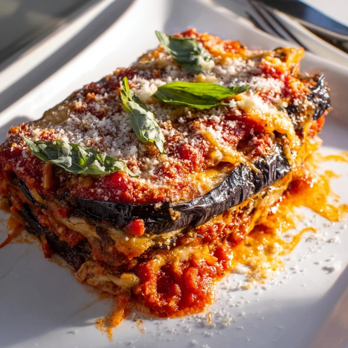 A golden-baked Charred Aubergine Parmigiana garnished with fresh basil, served alongside a simple green salad and crusty bread. 