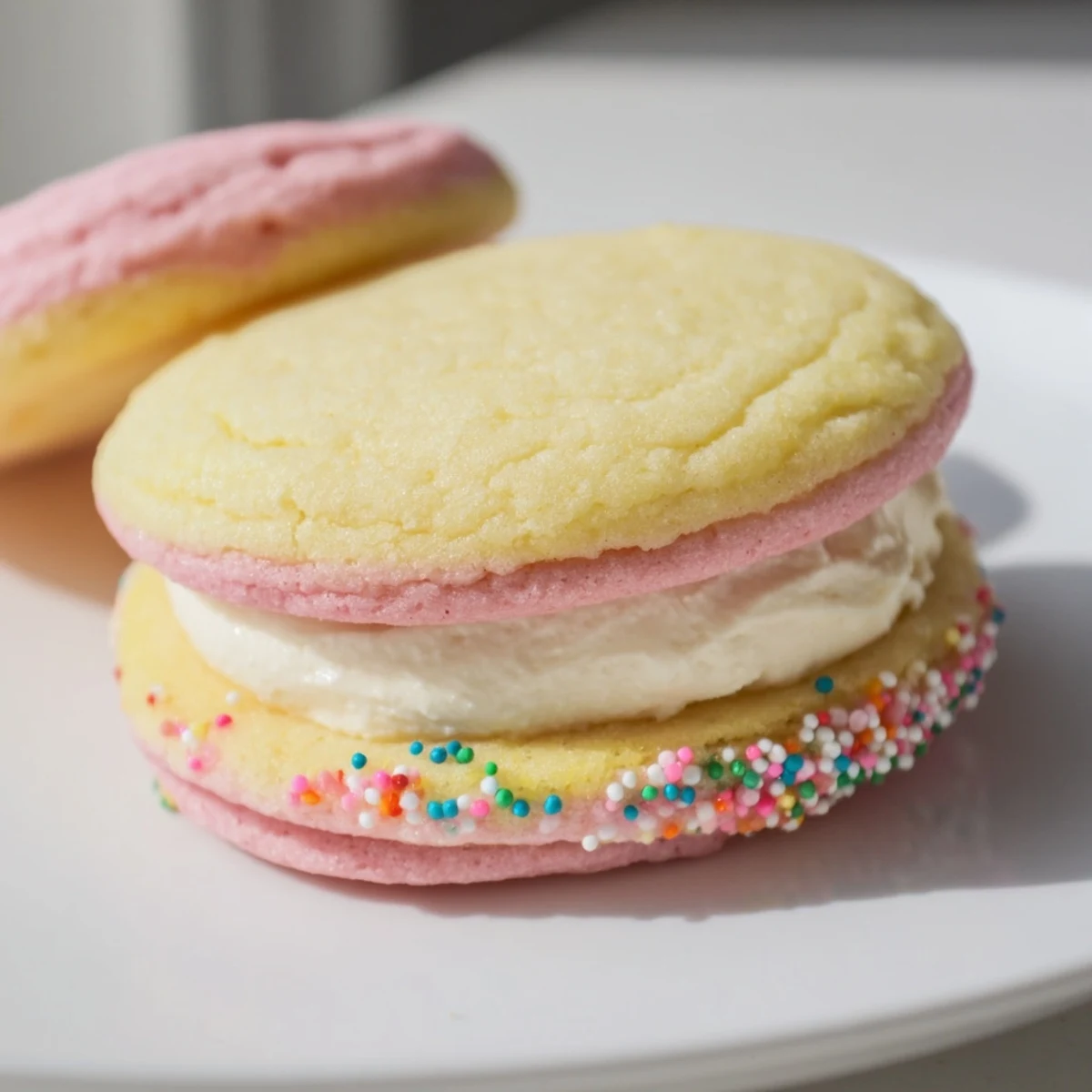 Pastel sugar cookie sandwiches stacked on a white plate with pastel sprinkles.