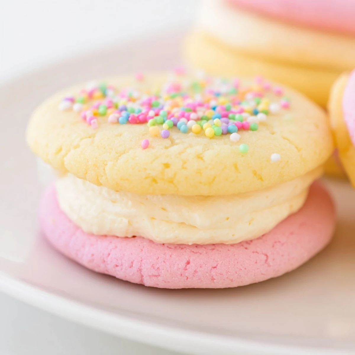Pastel sugar cookie sandwiches arranged on a wooden board for an Easter dessert.