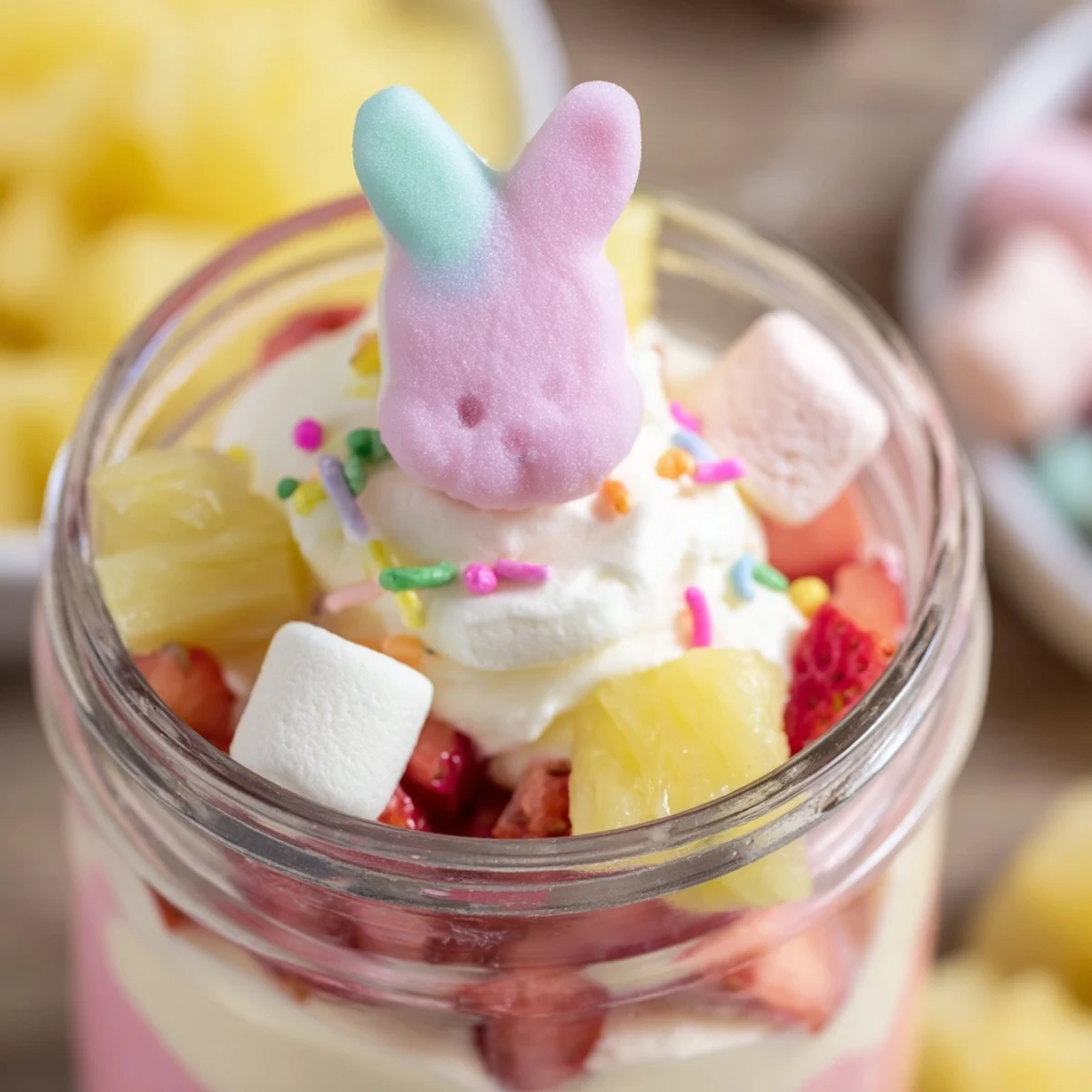 Brightly layered Jello Pie Easter Bunny Parfait in a clear jar, topped with whipped cream and a pastel marshmallow bunny candy.