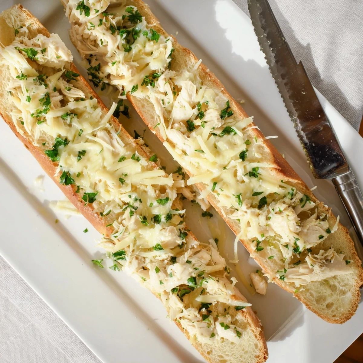 Freshly baked Viral Chicken Alfredo Garlic Bread with melted cheese and creamy chicken topping, served warm on a wooden board.