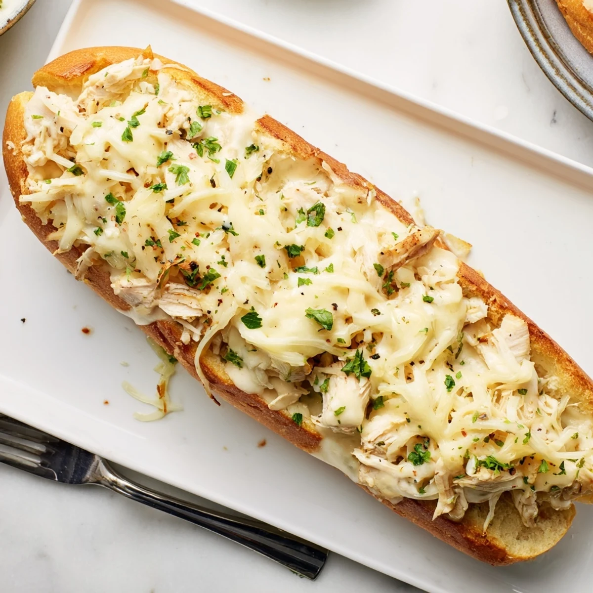 Delicious Viral Chicken Alfredo Garlic Bread hot from the oven, featuring creamy Alfredo sauce and melted mozzarella on a toasted baguette.