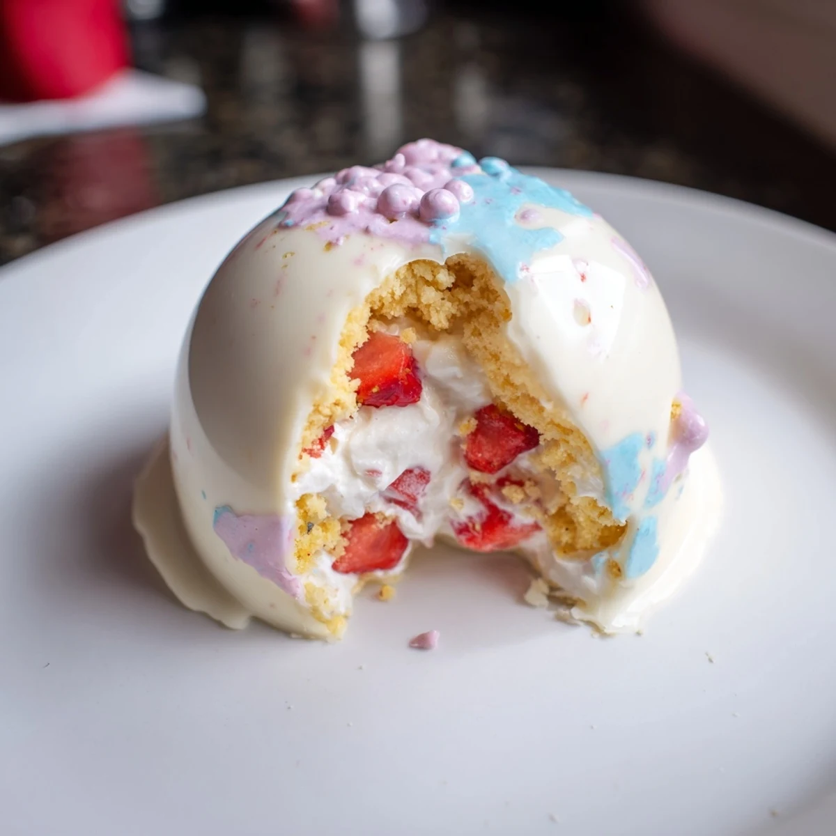 A close-up of homemade Strawberry Shortcake Easter Egg Bombs with pastel shells and strawberry filling on a spring table.