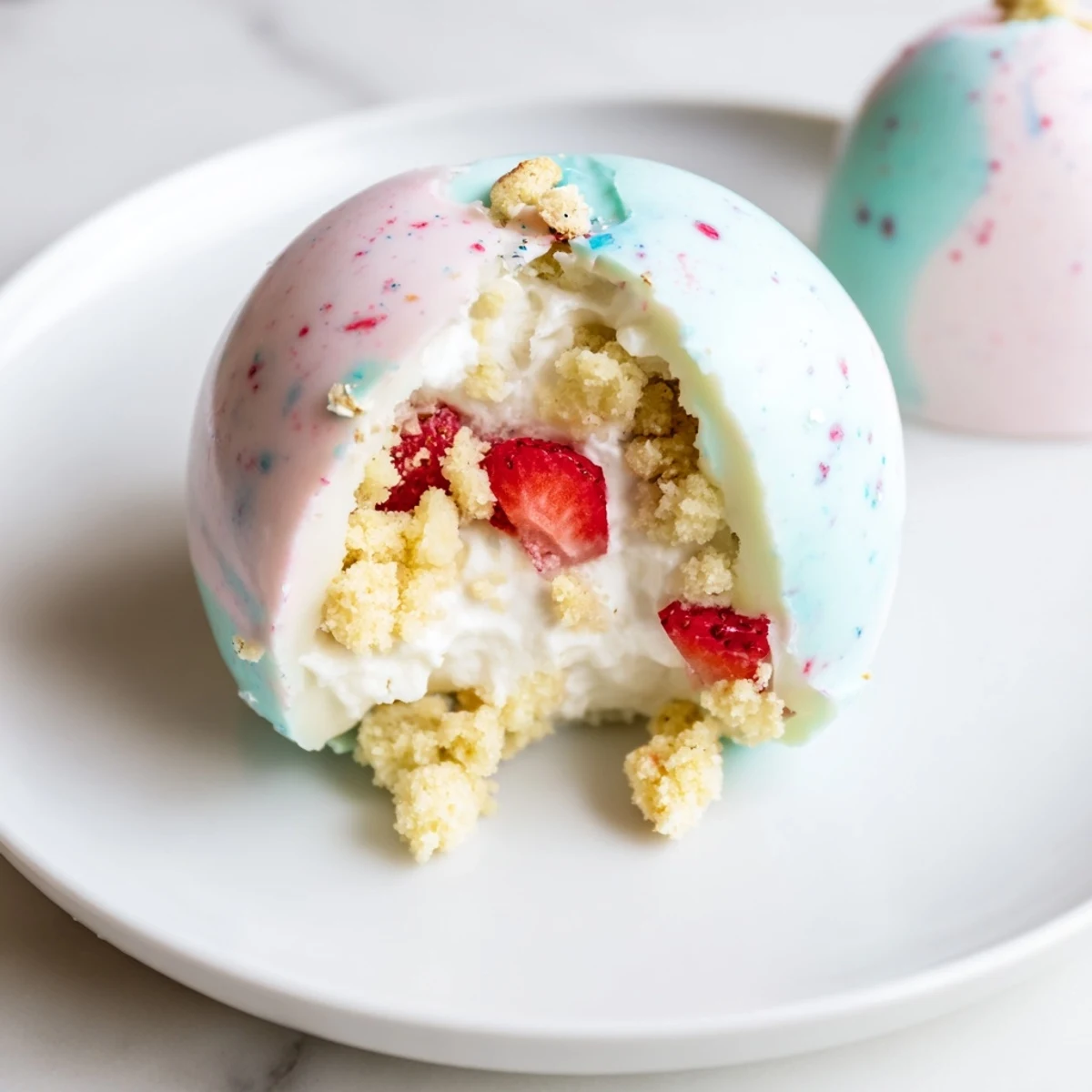 Freshly assembled Strawberry Shortcake Easter Egg Bombs show creamy whipped cream, diced strawberries, and crumbled shortcake inside.