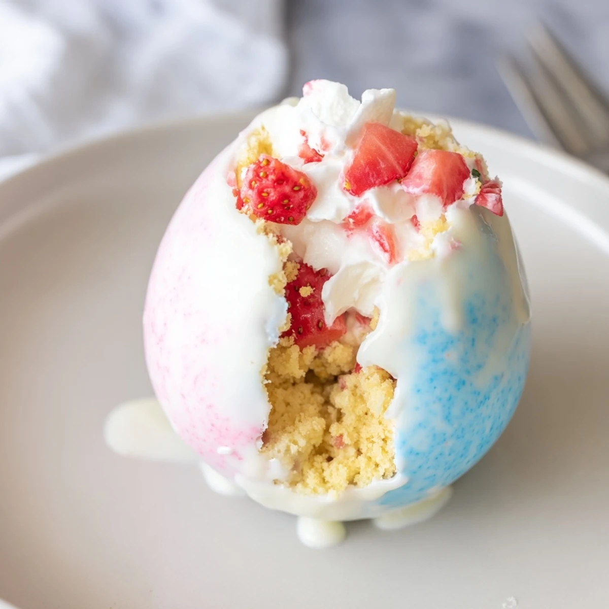 These festive Strawberry Shortcake Easter Egg Bombs are arranged on a dessert tray with colorful sprinkles for Easter celebration.
