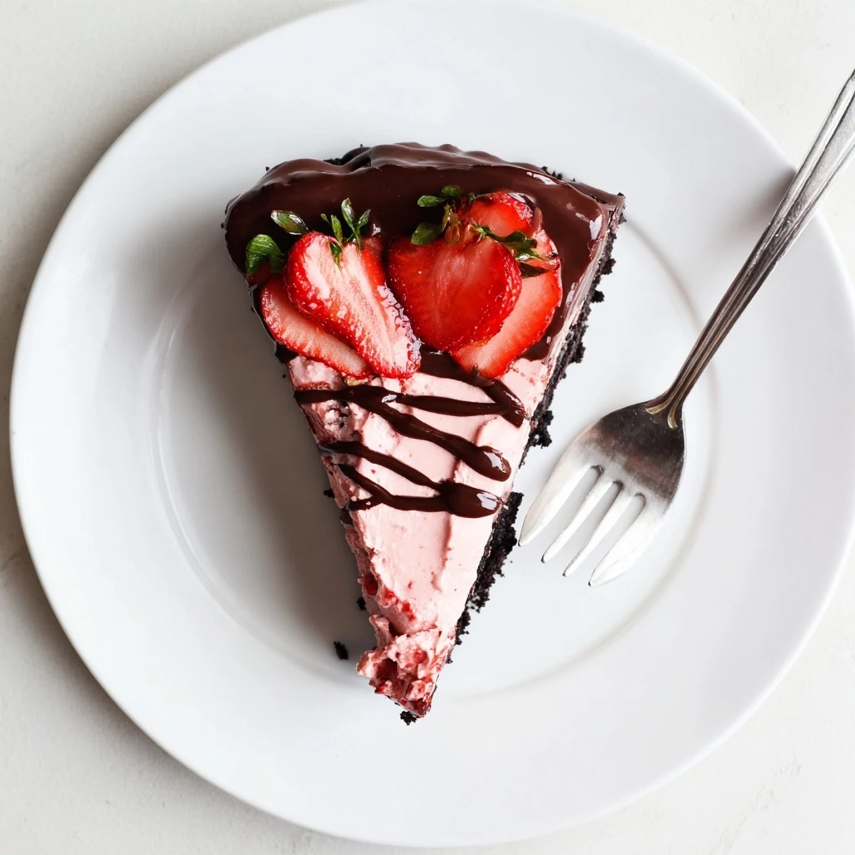 A slice of Chocolate Covered Strawberry Cheesecake on a white plate, topped with fresh strawberry halves and a glossy chocolate ganache.