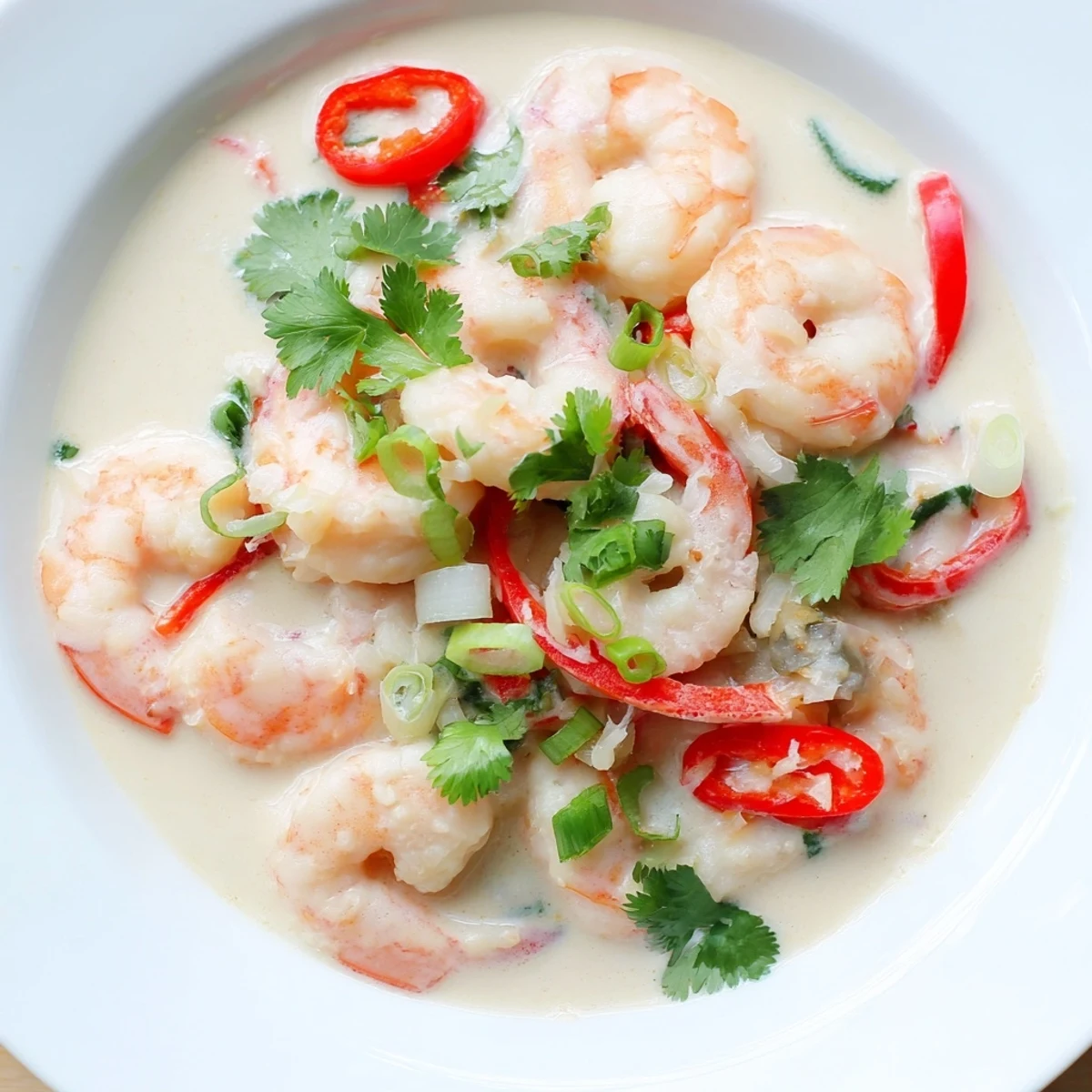 Creamy Coconut Shrimp Buffet Style served hot over jasmine rice with vibrant cilantro garnish.