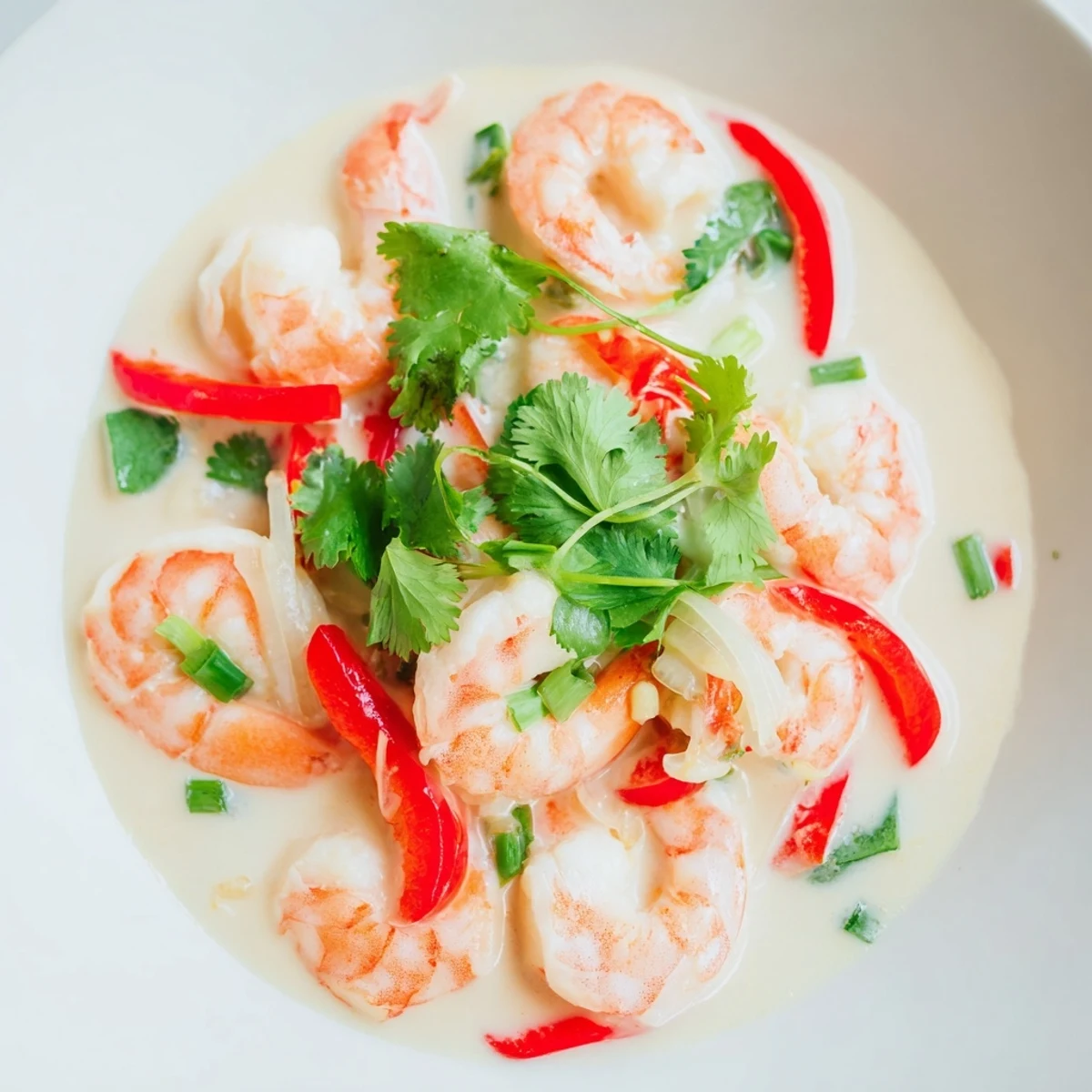 Creamy Coconut Shrimp Buffet Style plated with noodles and chopped spring onions for a family-style meal.