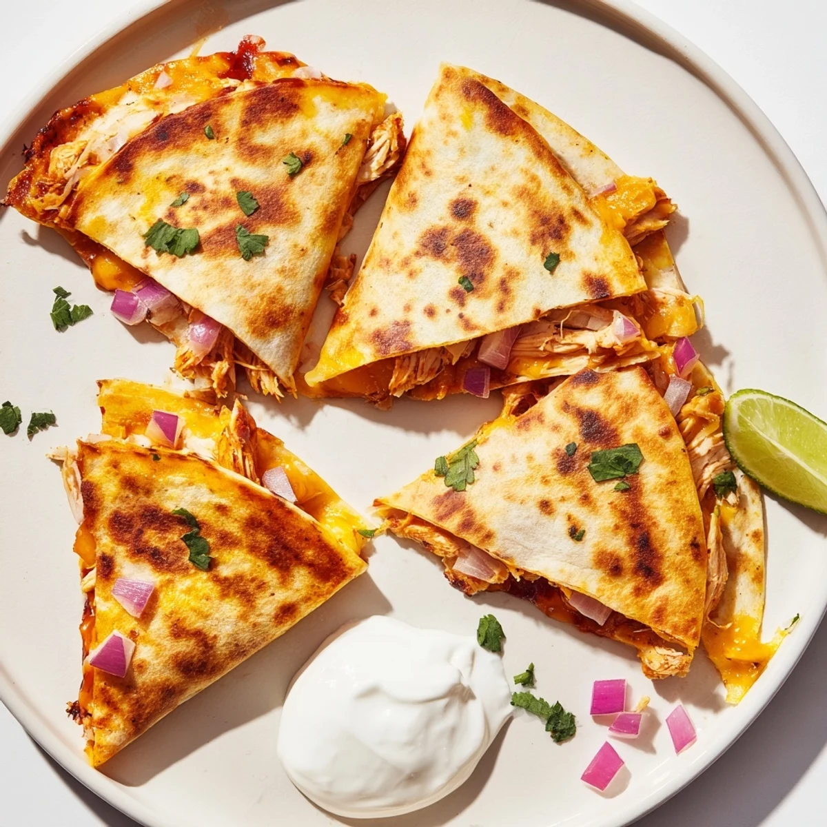 Melting mozzarella and cheddar cheese blend on a golden-brown tortilla stuffed with shredded chicken coated in sweet hot honey BBQ sauce.