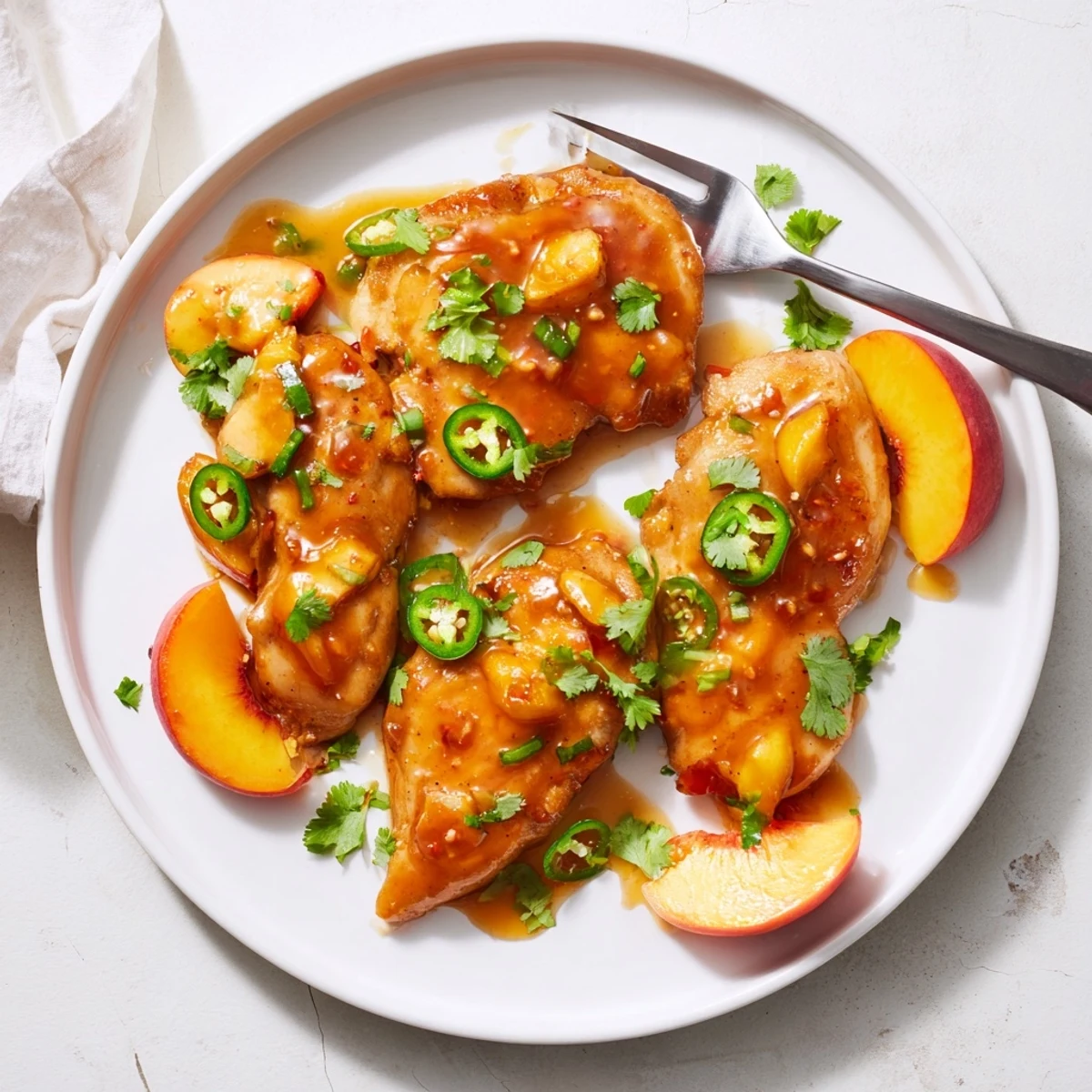 Jalapeño Peach Glazed Chicken with tender, juicy meat and vibrant peach slices, perfect for a summer backyard dinner.