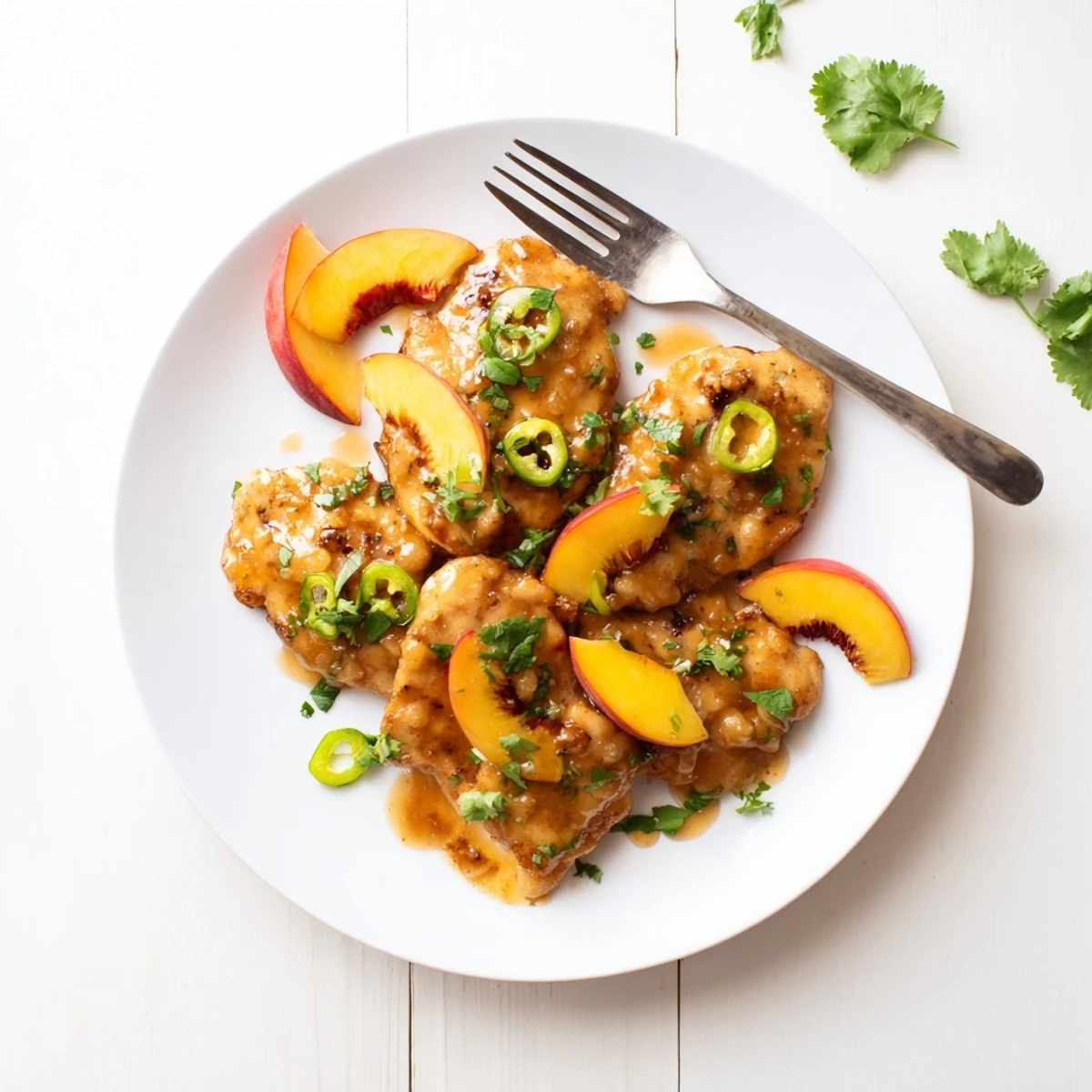 Golden-brown Jalapeño Peach Glazed Chicken breasts glistening with sweet and spicy sauce, served on a white plate with fresh cilantro.