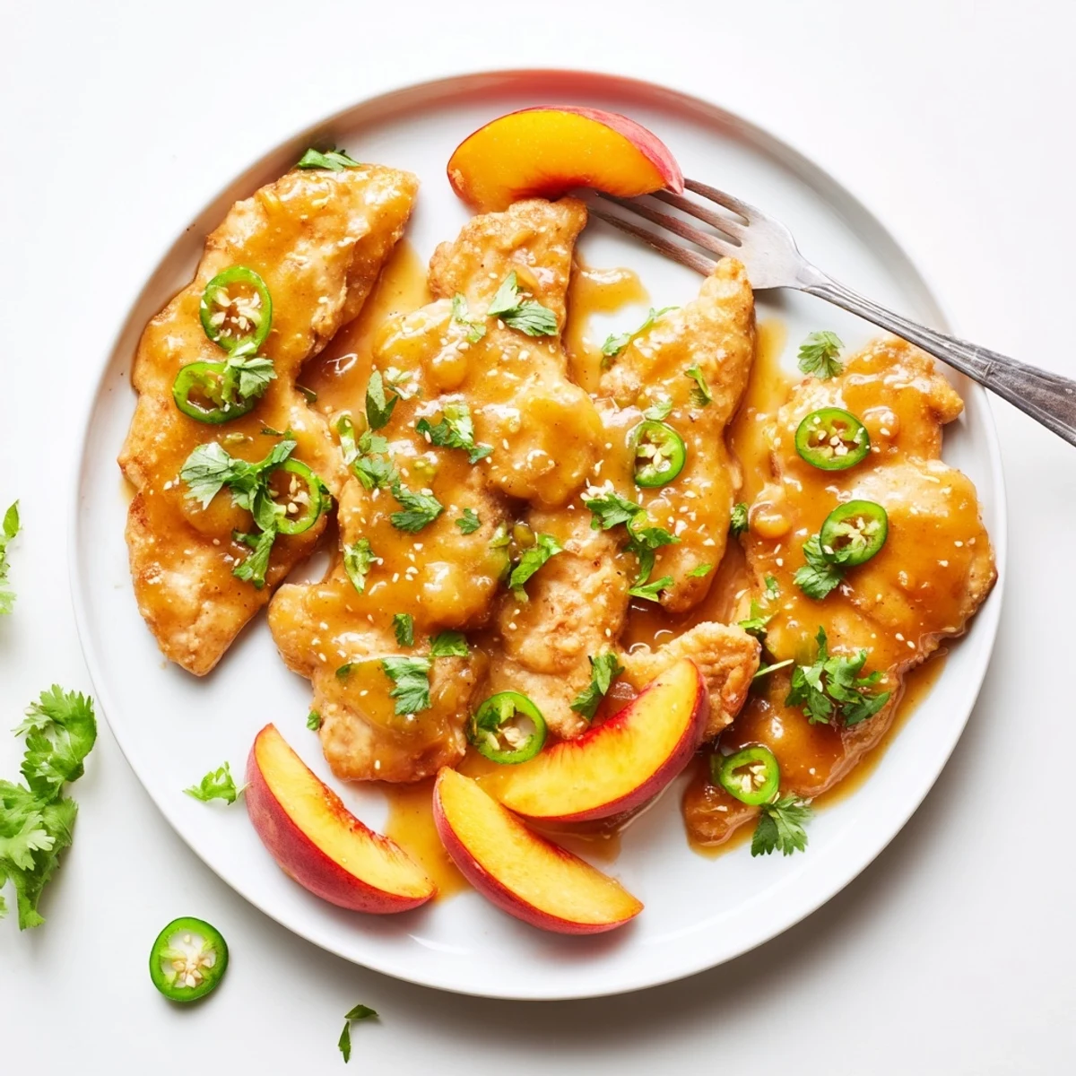 Close-up of Jalapeño Peach Glazed Chicken in a skillet, showing sticky glaze and finely chopped jalapeños for heat.