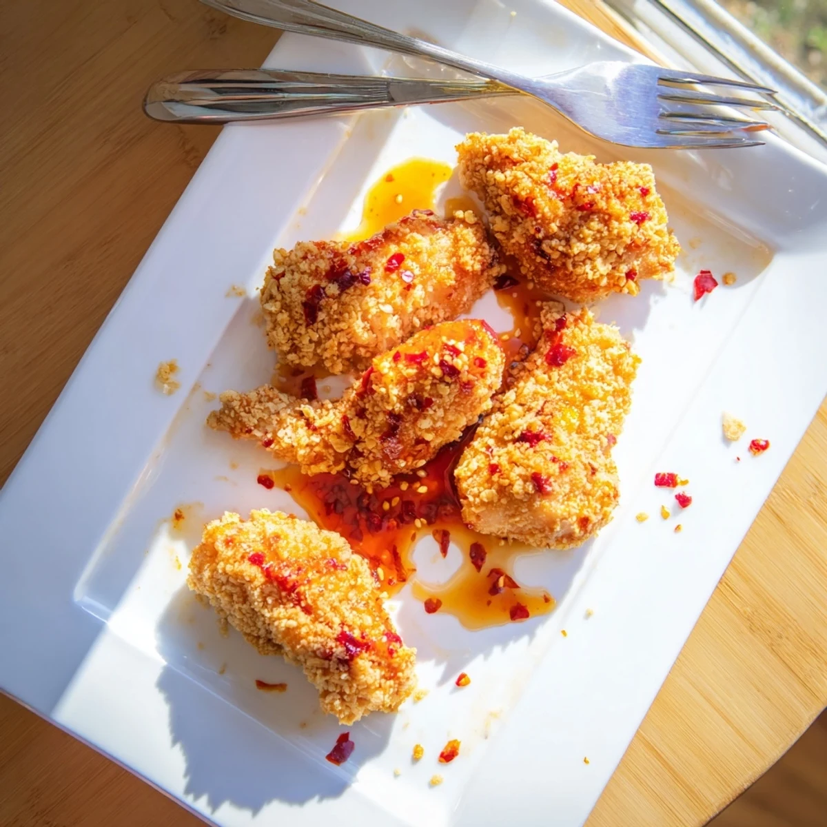 Golden baked crunchy hot honey chicken pieces glisten on a wire rack with a sweet, spicy drizzle and fluffy coleslaw.