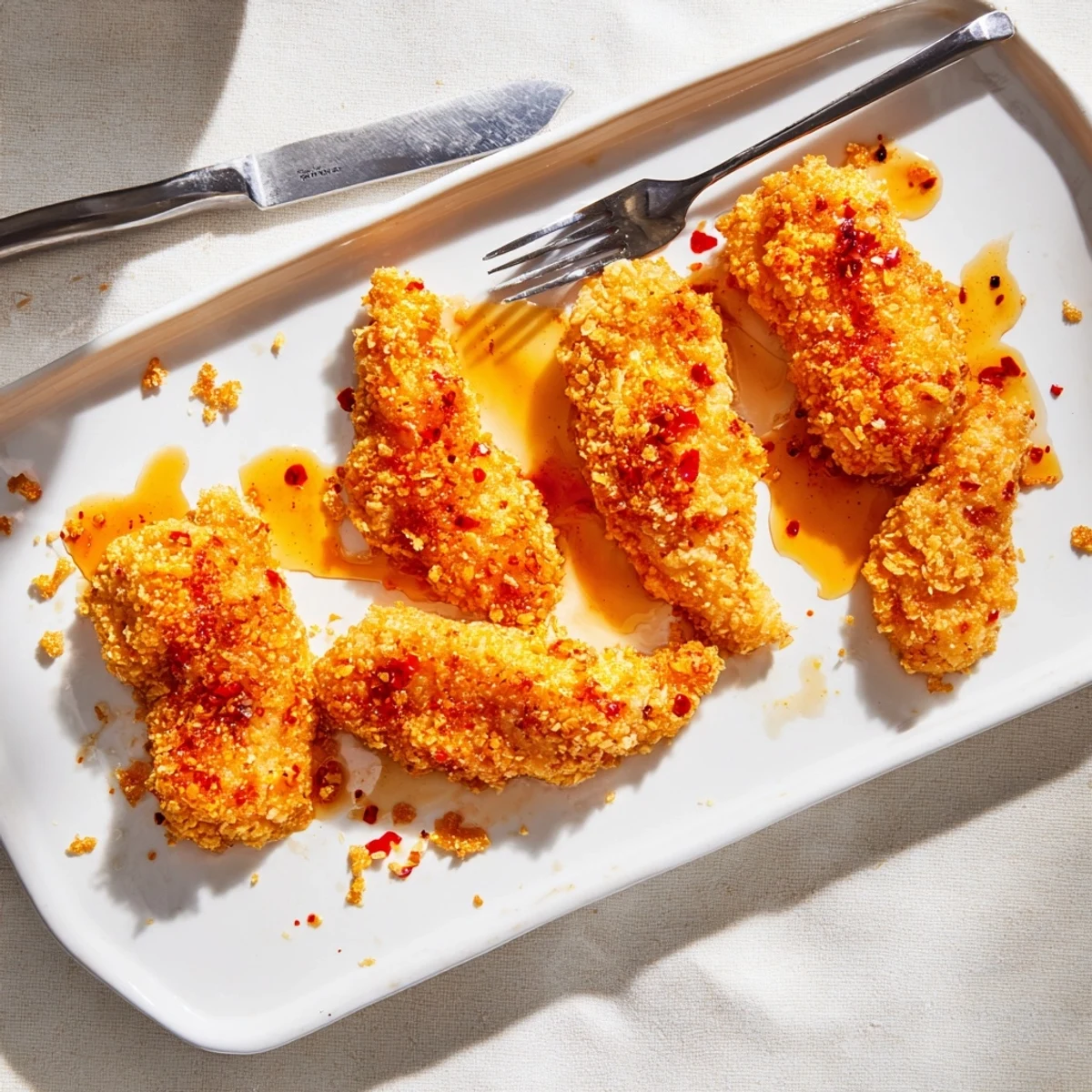 Crispy golden baked crunchy hot honey chicken with a sticky honey drizzle sits beside fresh coleslaw and a fork.