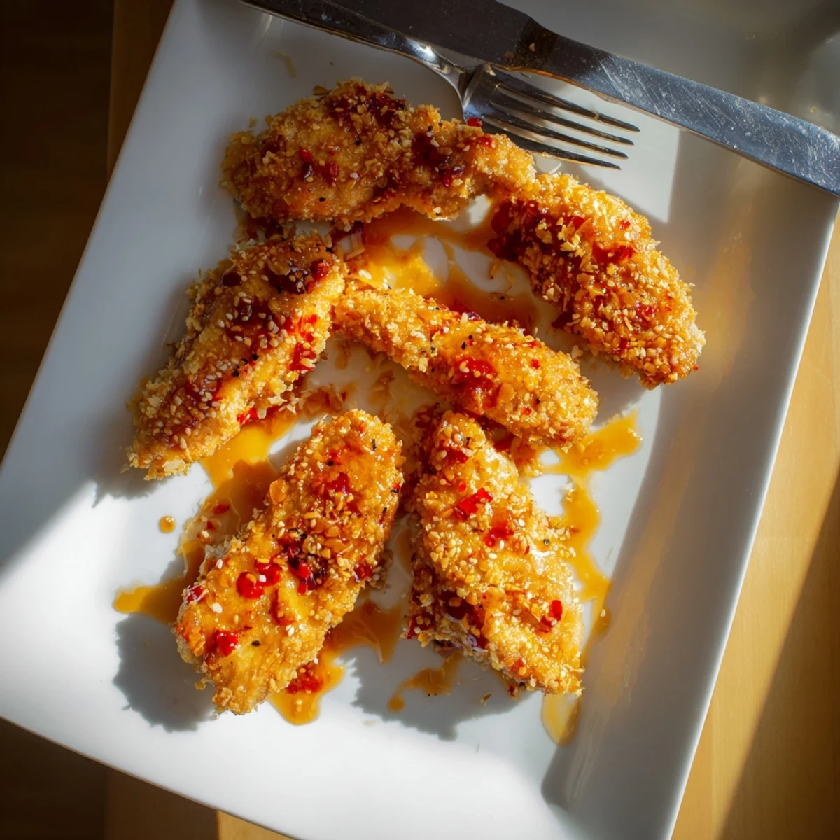 Sizzling baked crunchy hot honey chicken breasts rest on a plate beside pickles and sweet potato fries for serving.