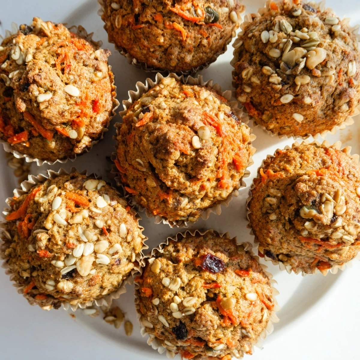 Warm Morning Glory Muffins topped with chopped walnuts and a sprinkle of sugar, served beside a steaming mug of coffee.