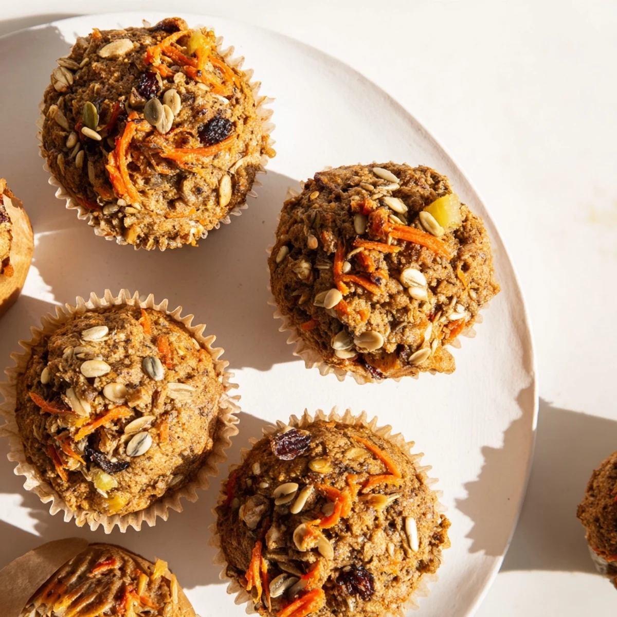 A close-up of golden-brown Morning Glory Muffins, revealing moist interiors studded with apple pieces and plump raisins.