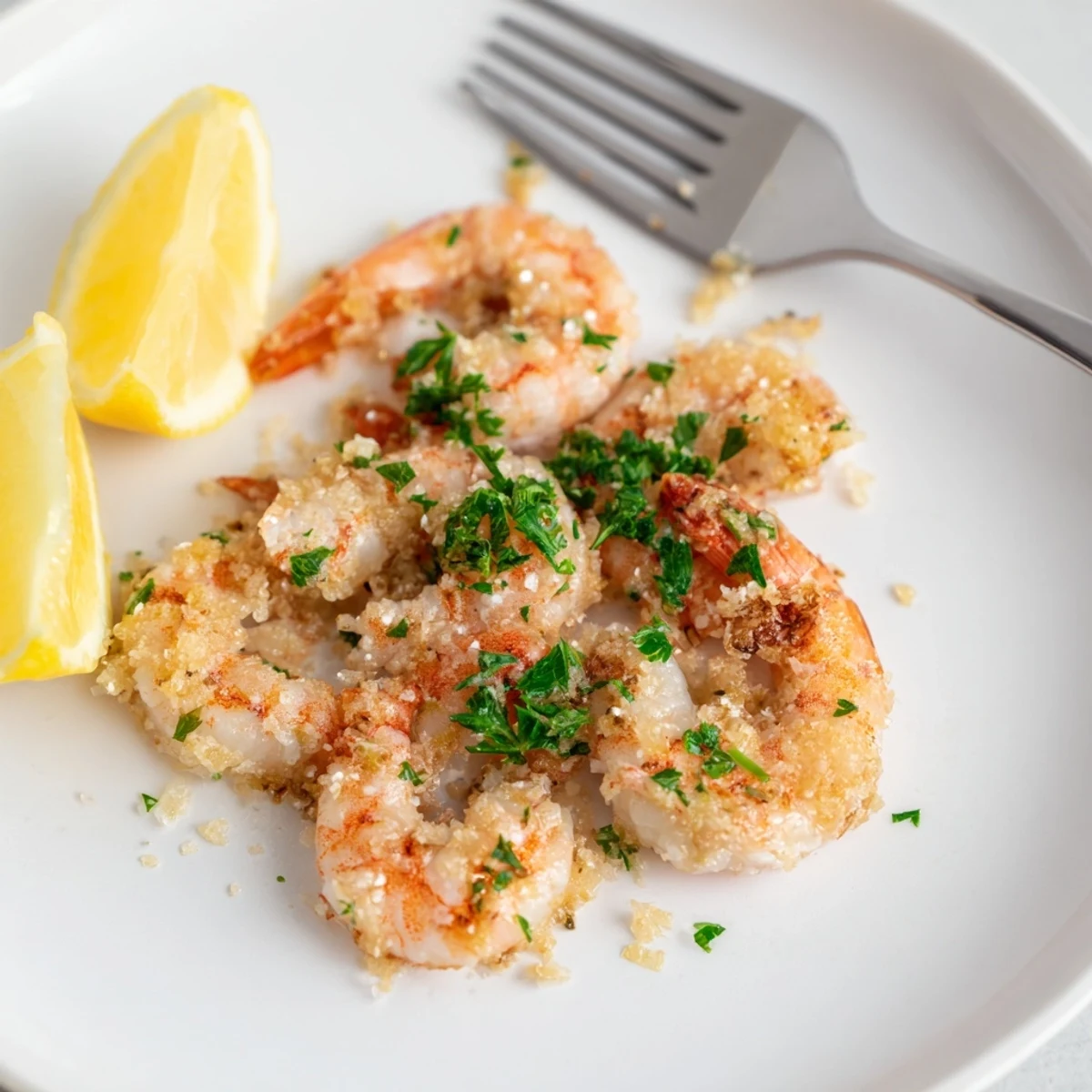 Golden-brown Air Fryer Garlic Parmesan Shrimp with a savory, cheesy coating and fresh parsley garnish, served with lemon wedges on a rustic plate.
