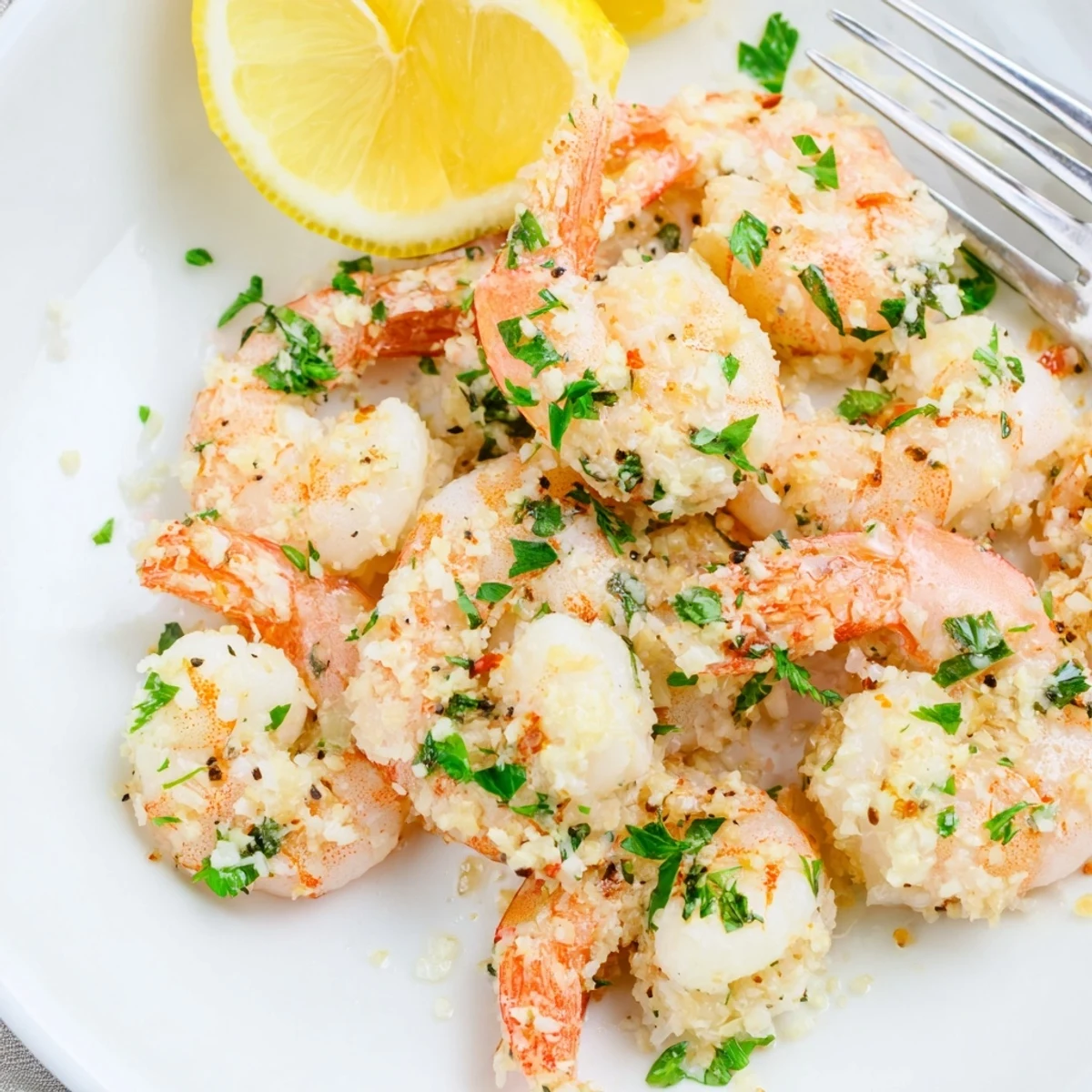 Tender Air Fryer Garlic Parmesan Shrimp tossed in garlic-Parmesan coating, garnished with parsley and lemon wedges on a white plate for a quick appetizer.
