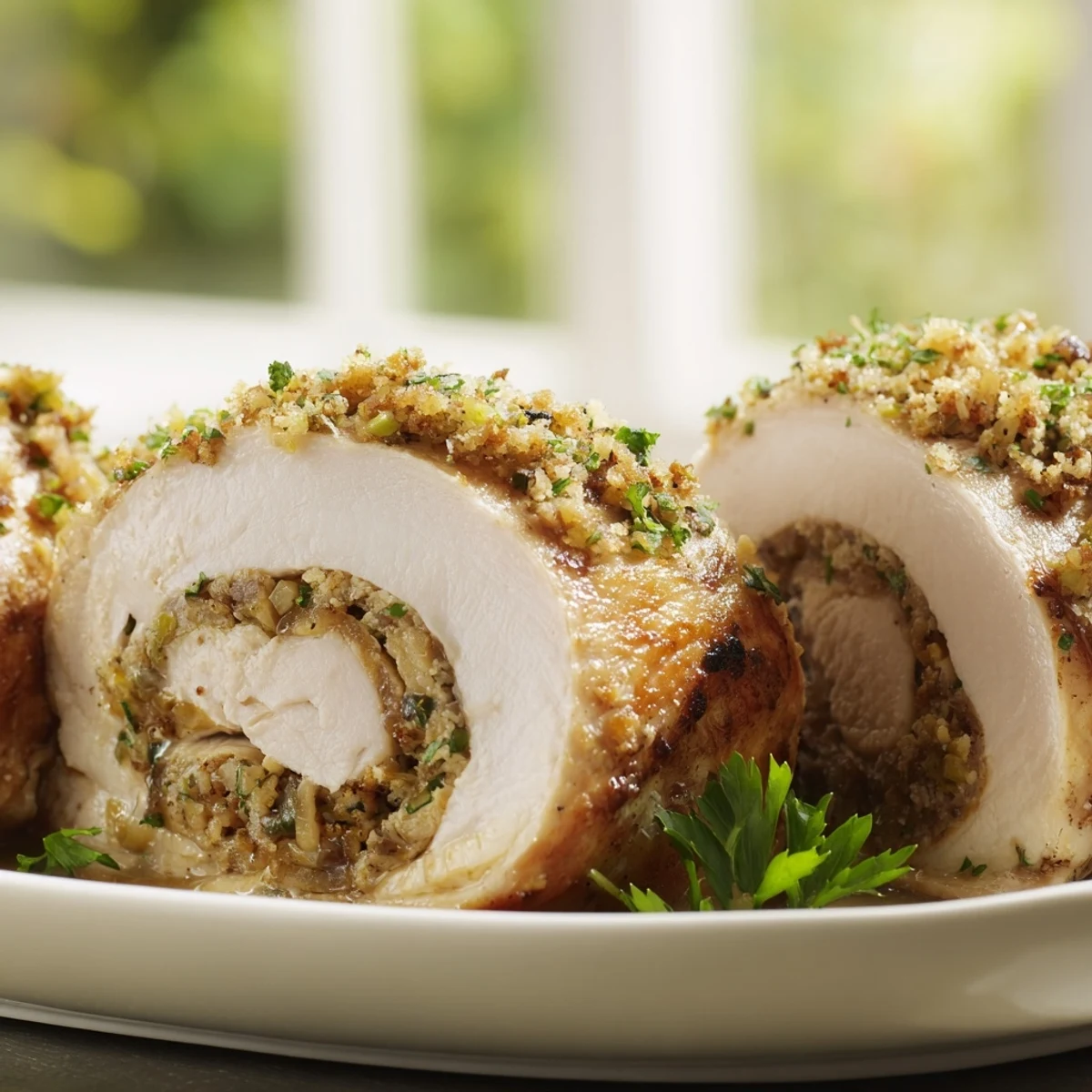 Four golden-baked Flavor-Packed Turkey Roll Ups with Stuffing sit on a white plate next to fresh cranberries.