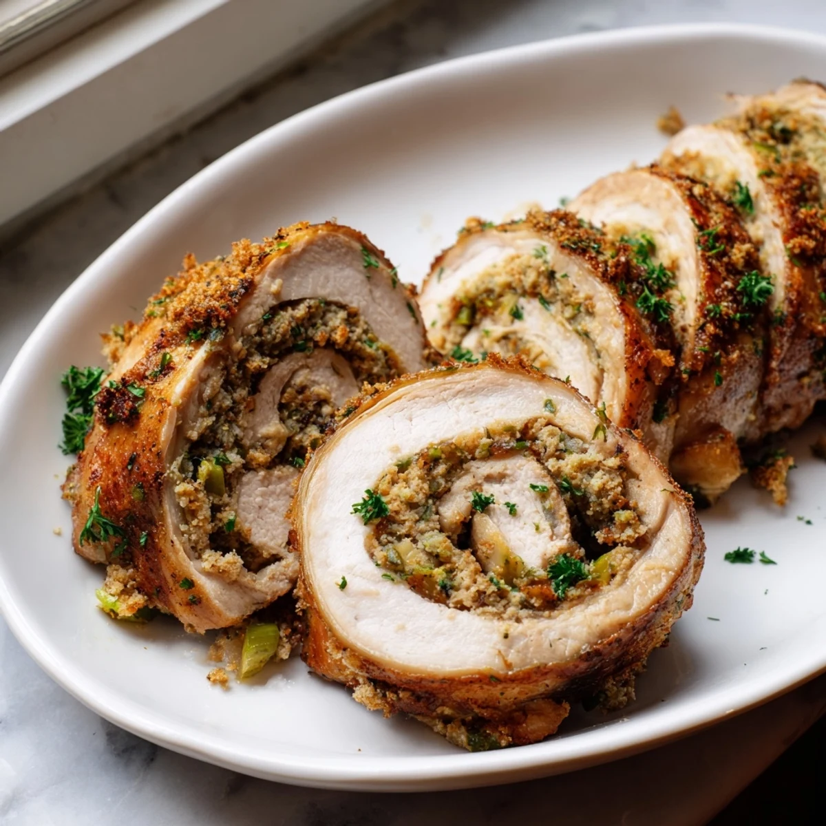 A close-up of Flavor-Packed Turkey Roll Ups with Stuffing reveals the juicy turkey and savory breadcrumb filling.