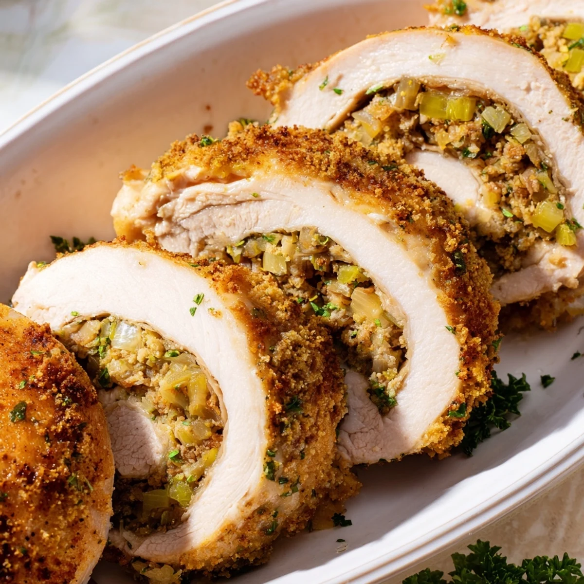 Overhead view shows sliced Flavor-Packed Turkey Roll Ups with Stuffing on a festive platter with gravy boat.