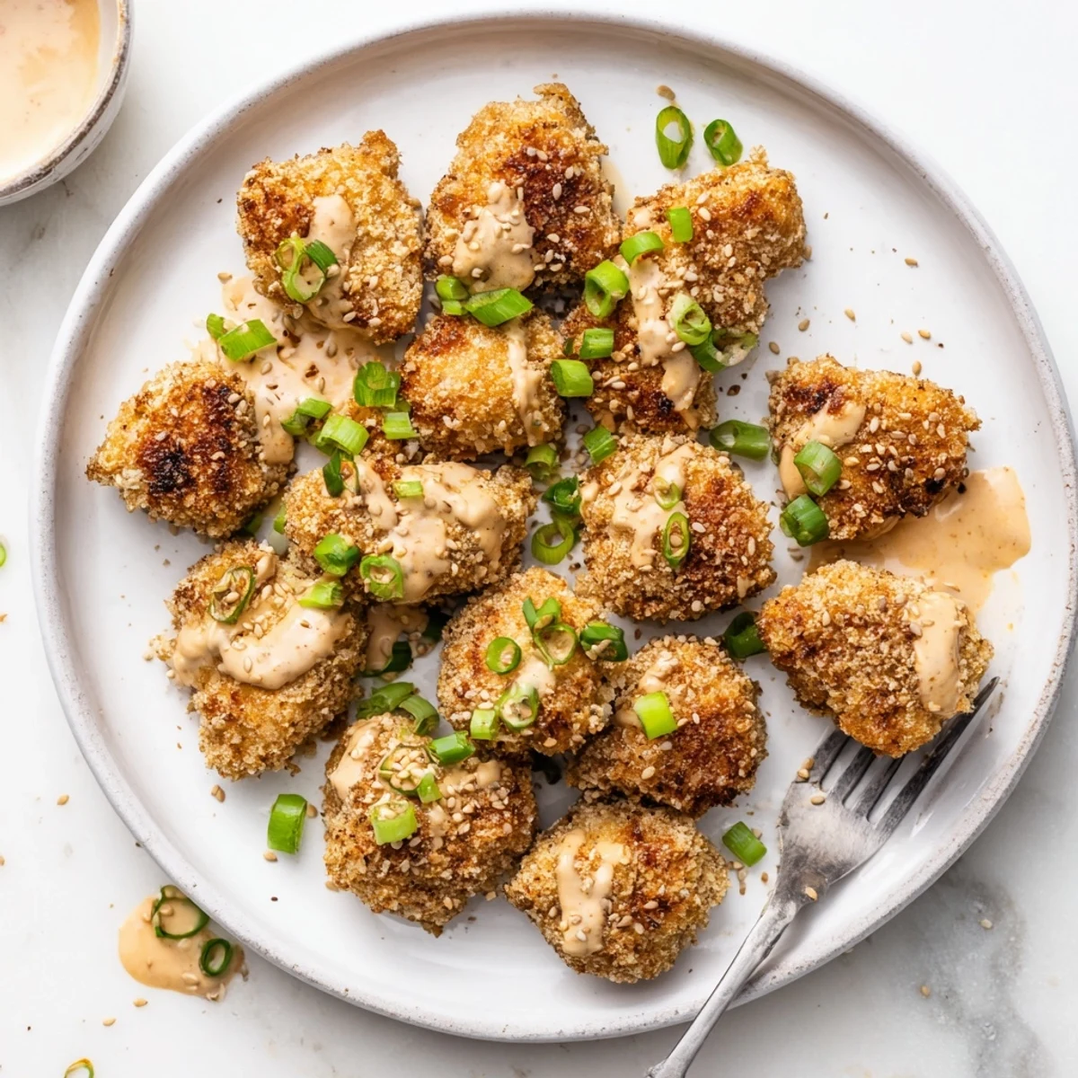 Fork-tender low carb bang bang chicken glistens with a tangy, spicy mayo sauce and is topped with fresh scallions and toasted sesame seeds on a plate.