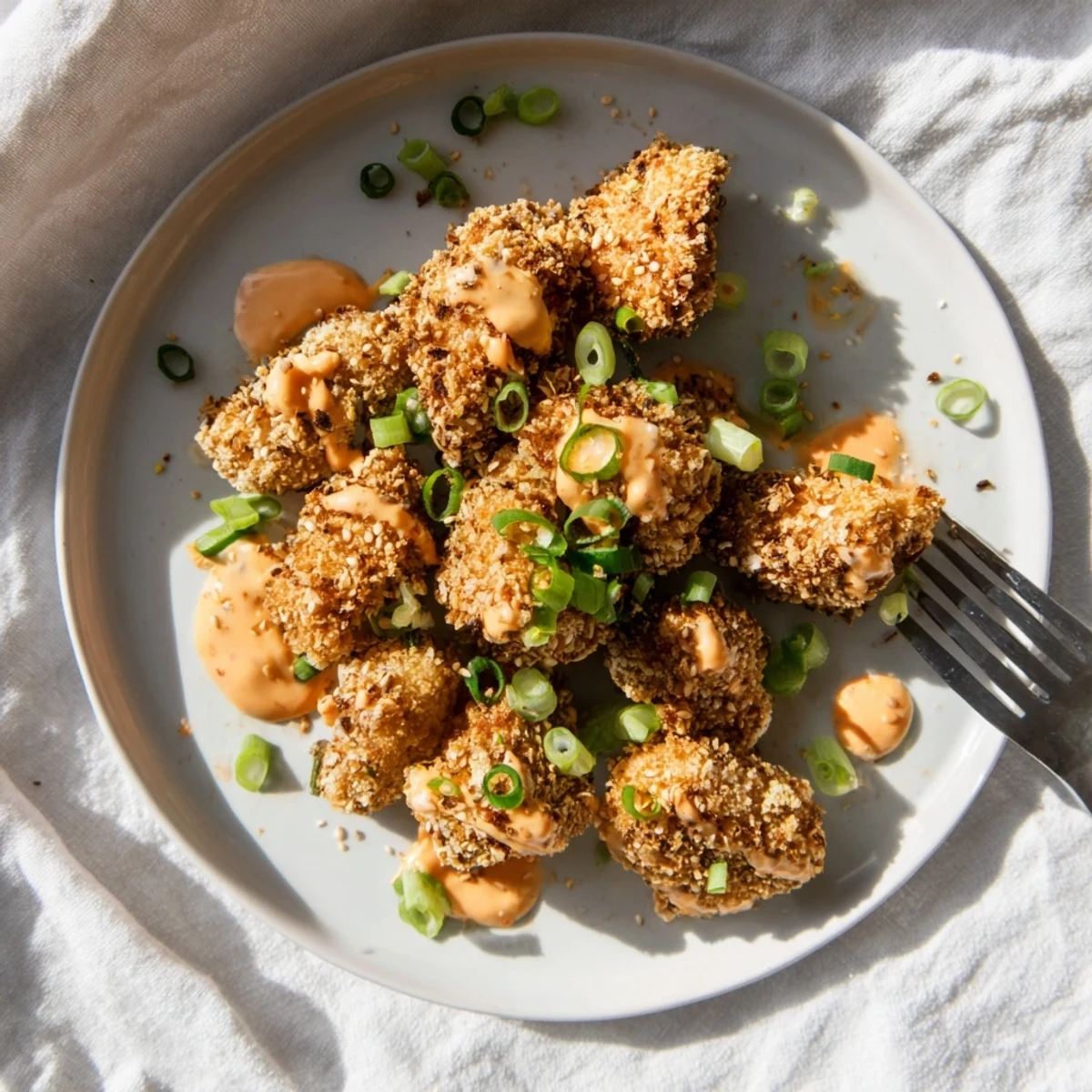 Golden-brown chicken bites coated in almond flour and parmesan are tossed in a creamy, spicy bang bang sauce for this quick low carb bang bang chicken recipe.