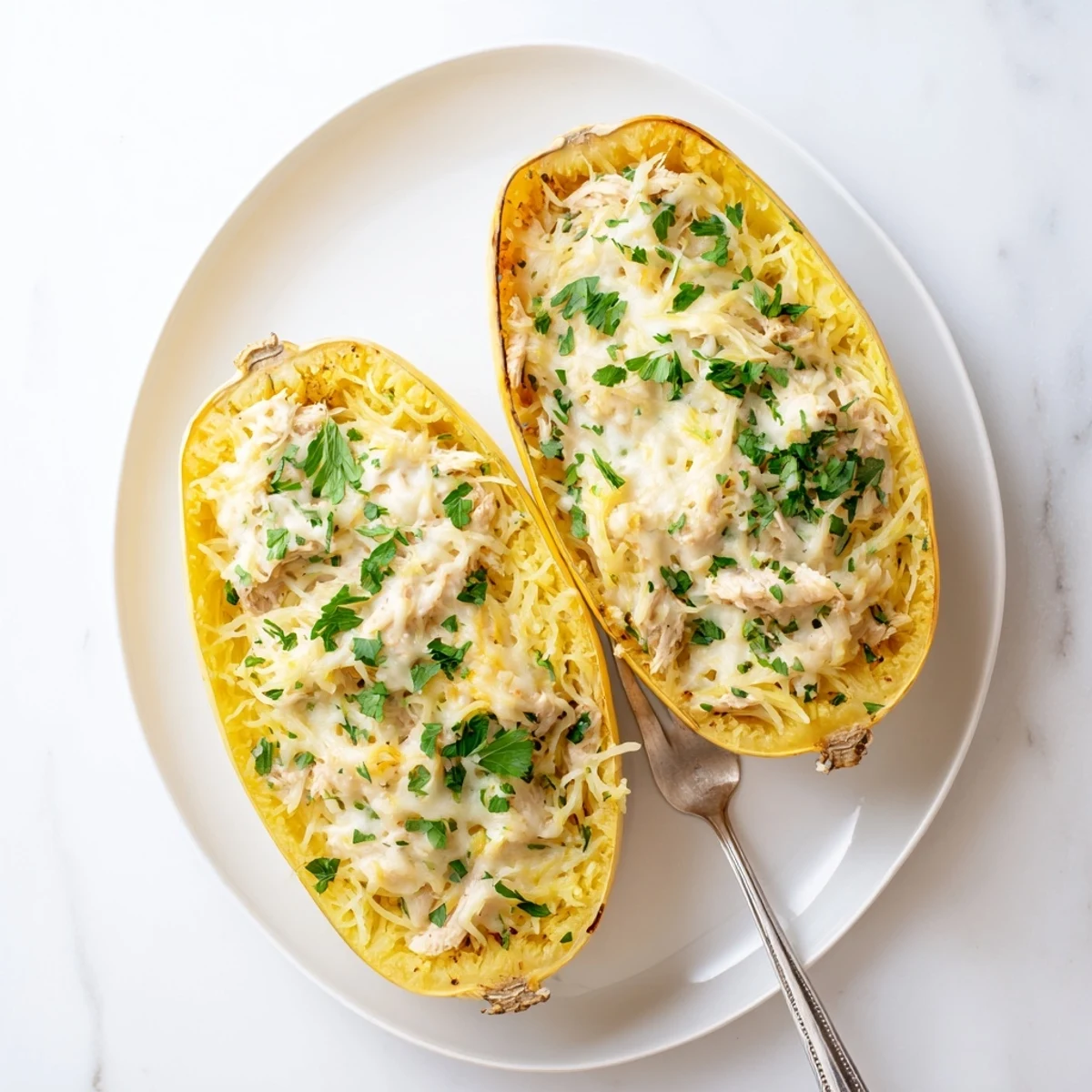 Roasted spaghetti squash boats filled with creamy Chicken Alfredo Spaghetti Squash Boats, topped with golden melted mozzarella.