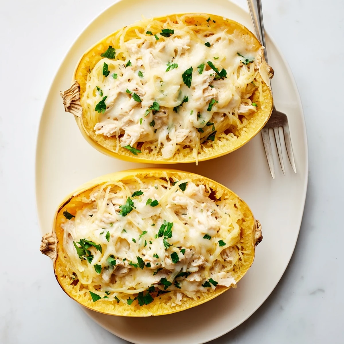 Savor a lighter Chicken Alfredo Spaghetti Squash Boats with tender chicken and rich sauce, plated with fresh parsley garnish.
