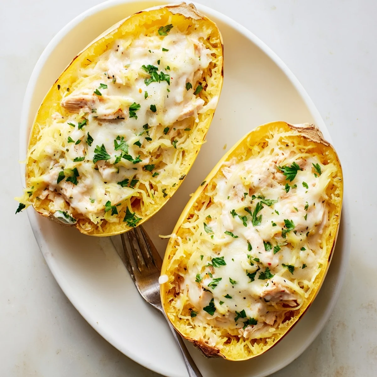 A close-up of gluten-free Chicken Alfredo Spaghetti Squash Boats, revealing juicy chicken strands and steam rising from the cheesy filling.