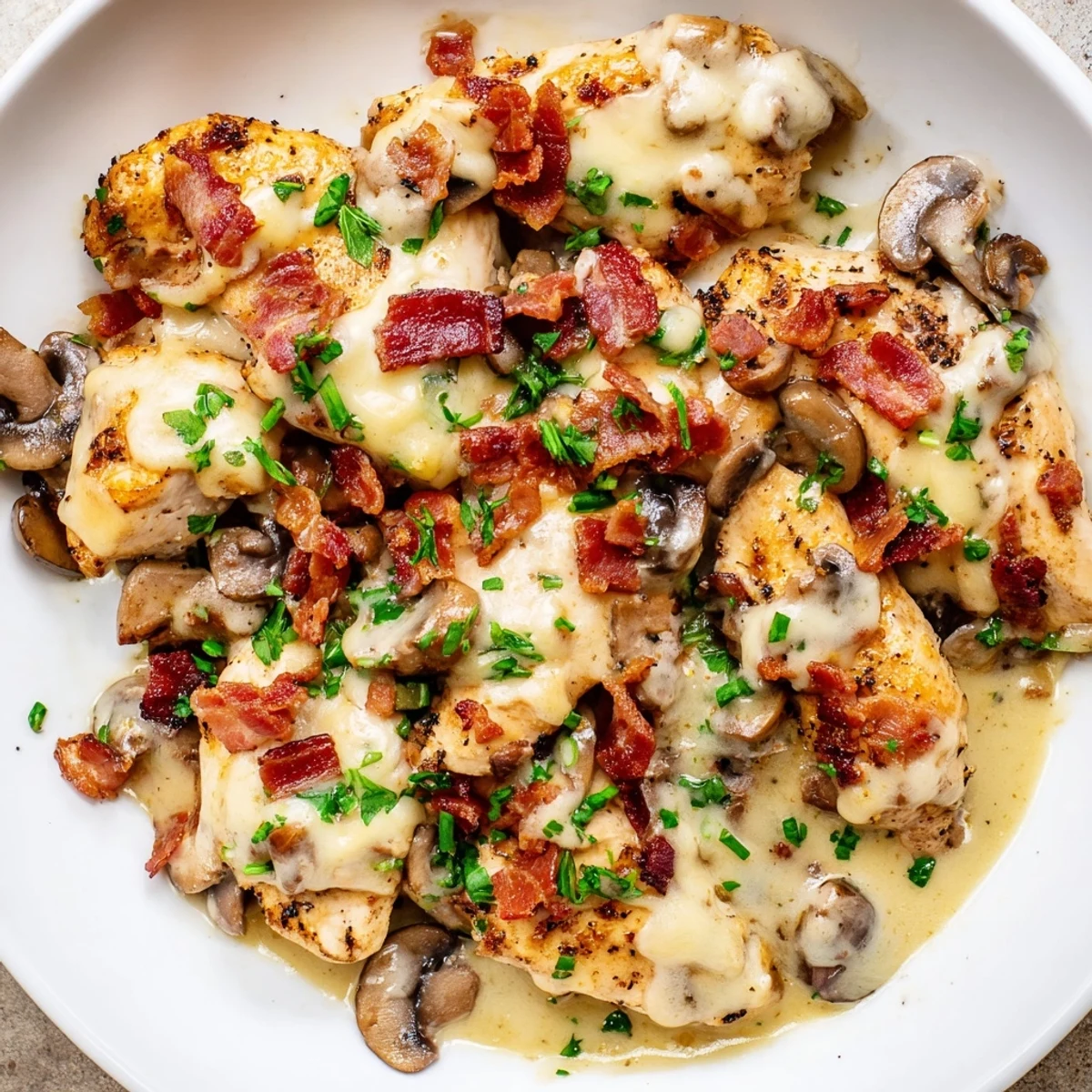 Golden-brown Mississippi Mud Chicken breasts with melted cheddar and mozzarella in a creamy mushroom bacon sauce, served in a rustic skillet.