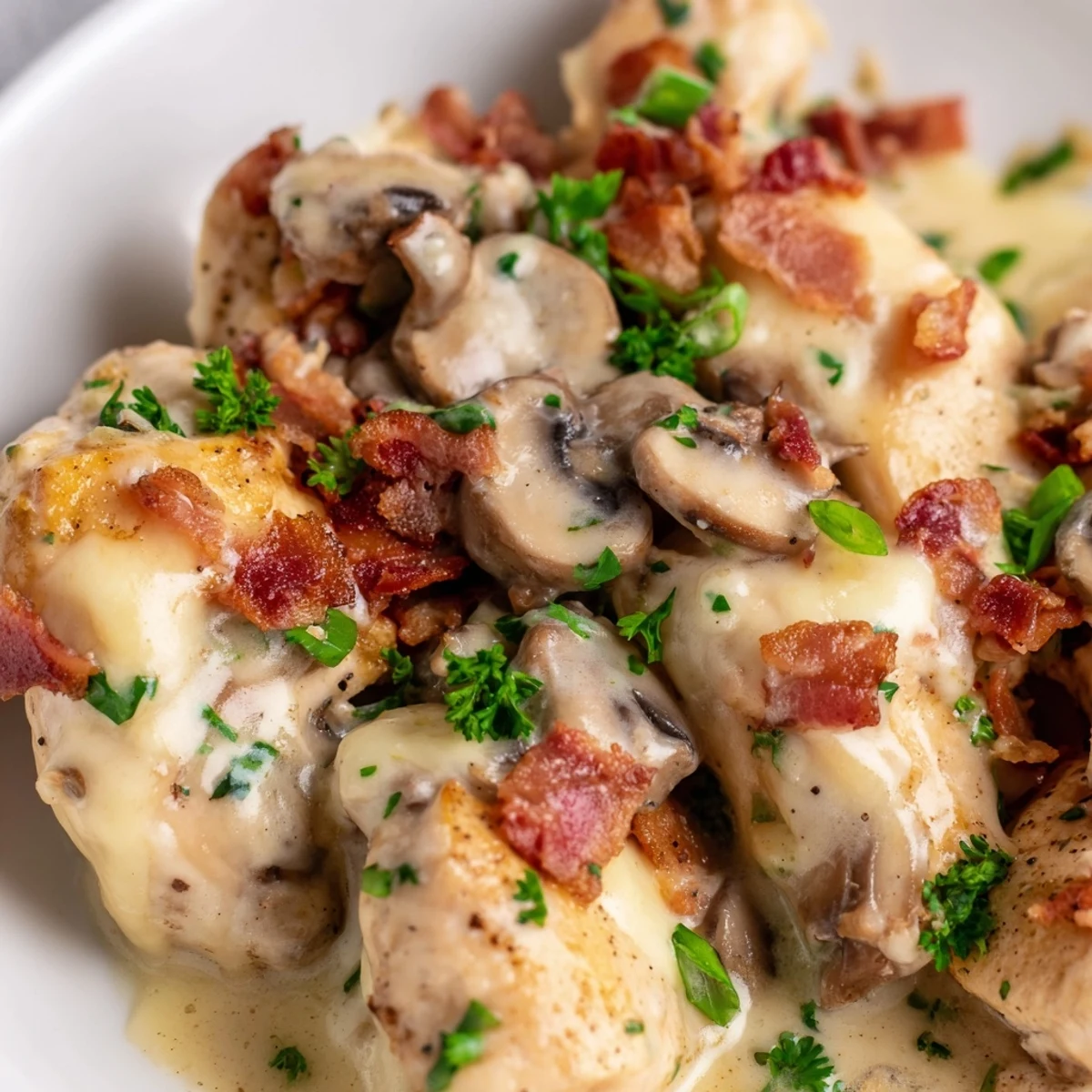 Freshly baked Mississippi Mud Chicken topped with crispy bacon bits and green onions, ready to serve over creamy mashed potatoes for dinner.