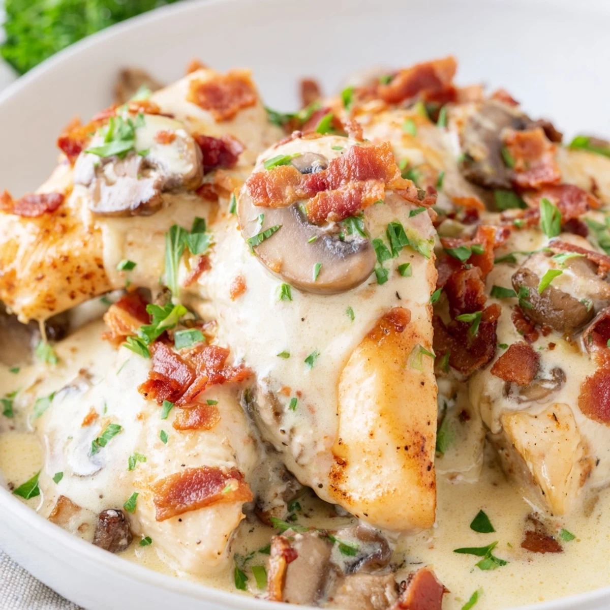 Close-up view of tender Mississippi Mud Chicken in a rich, cheesy sauce, with mushrooms and herbs adding color and savory aroma.