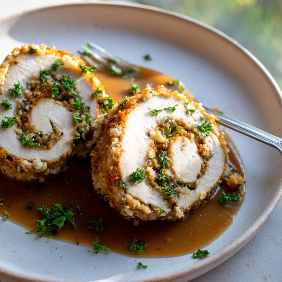 Golden-brown Flavor-Packed Turkey Roll-Ups with Stuffing sit in a baking dish with parsley garnish.