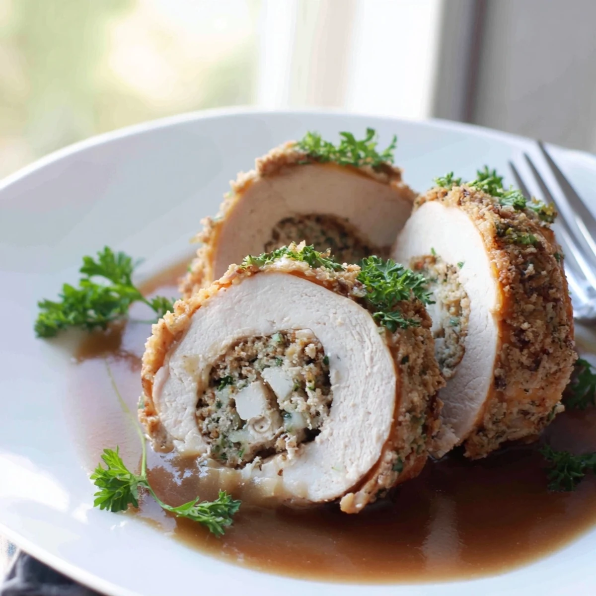 Sliced Flavor-Packed Turkey Roll-Ups with Stuffing served on a plate next to mashed potatoes.
