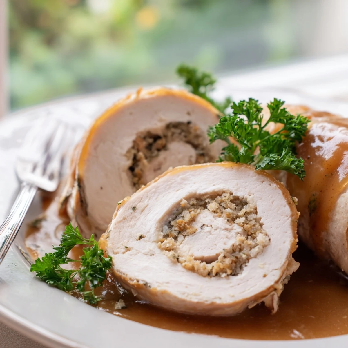 Juicy, gravy-smothered Flavor-Packed Turkey Roll-Ups with Stuffing resting on a white plate.