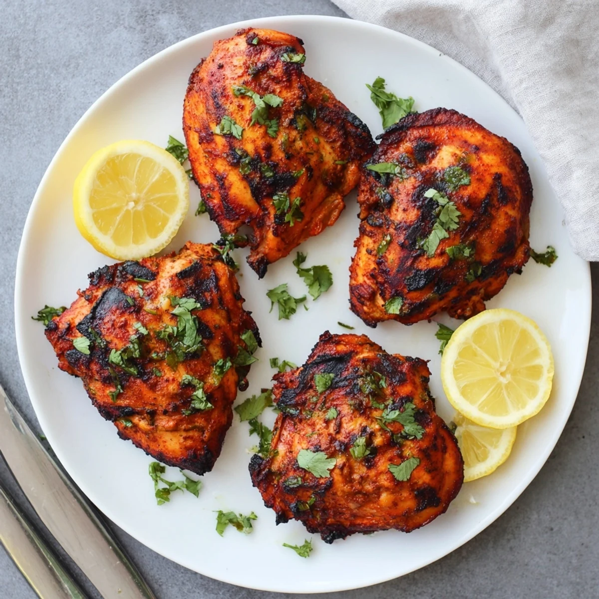 Grilled Tandoori Chicken thighs display char marks, vibrant red spices, and a smoky grill aroma.