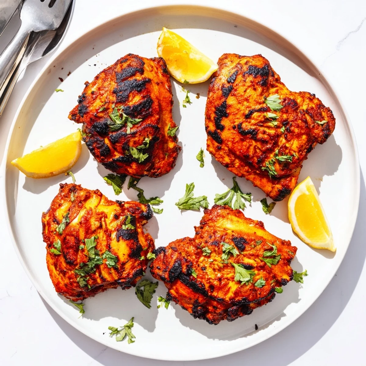 Juicy Grilled Tandoori Chicken garnished with fresh cilantro and lemon wedges on a rustic plate.