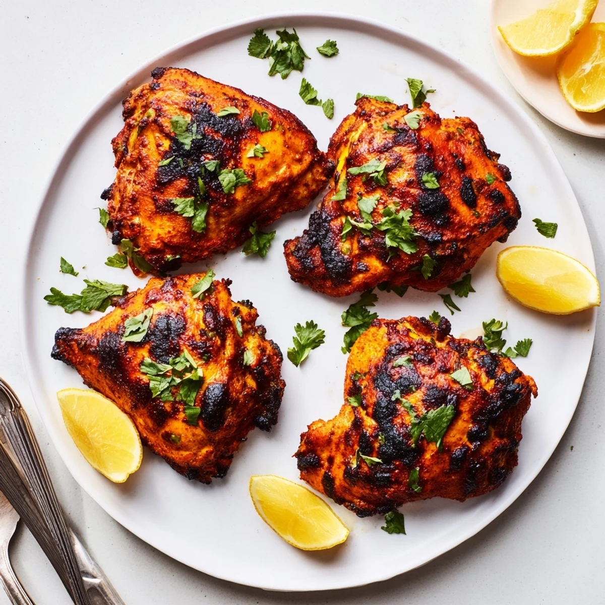 Grilled Tandoori Chicken cooked to smoky perfection, served alongside warm naan and a crisp salad.