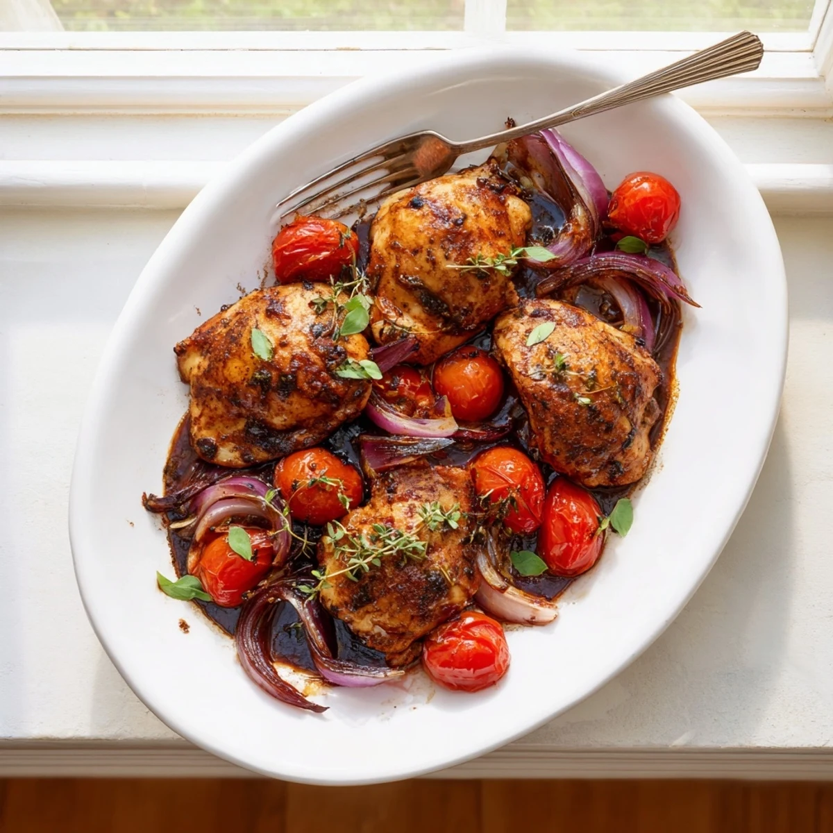 Golden chicken breasts in balsamic glaze with roasted cherry tomatoes and garlic.