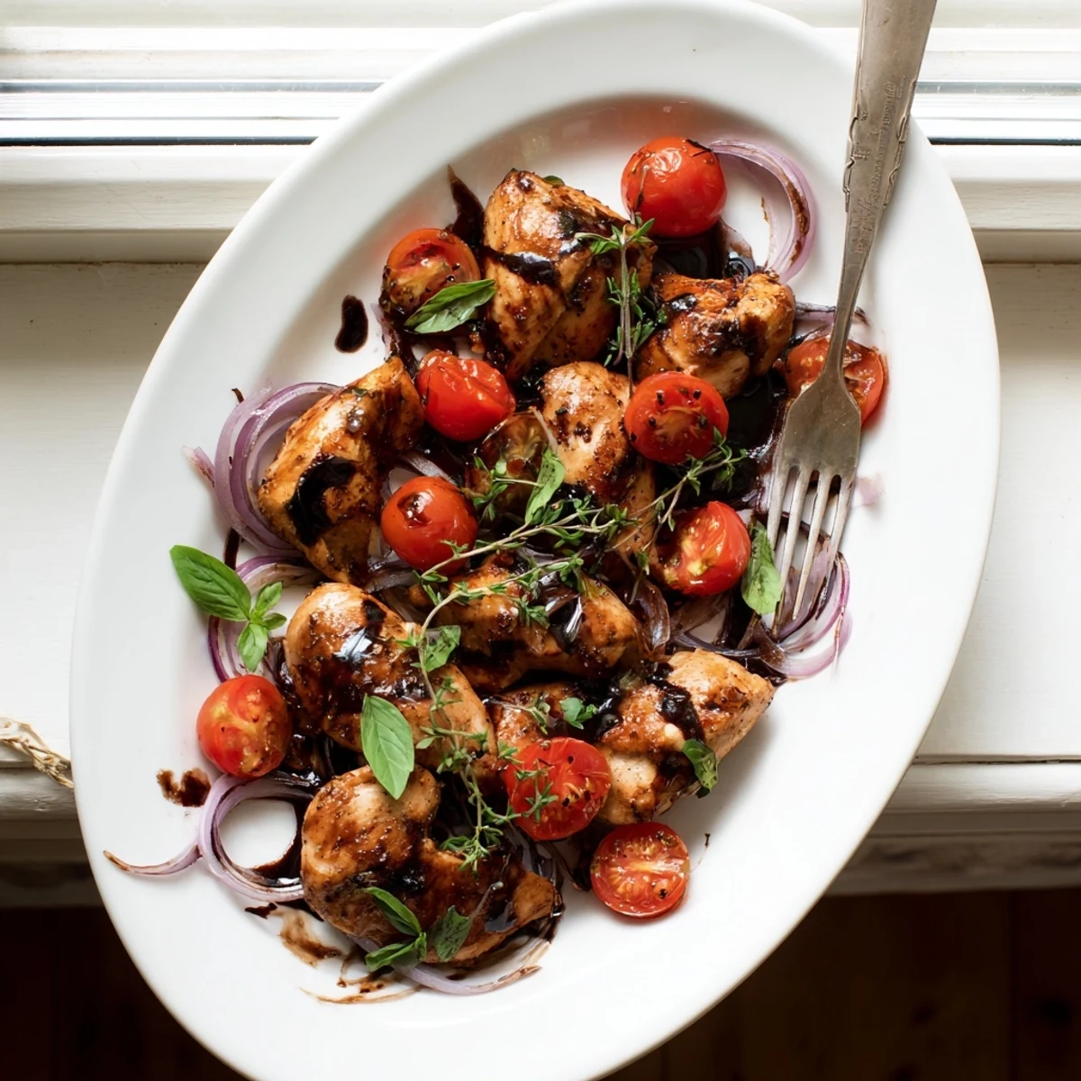 One Pan Juicy Chicken With Balsamic Sauce garnished with fresh thyme and basil.