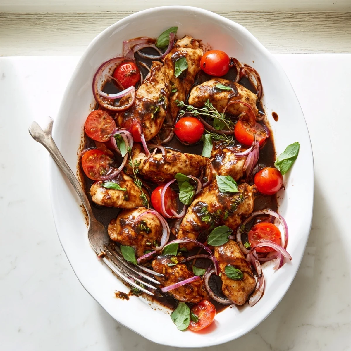 Sizzling One Pan Juicy Chicken With Balsamic Sauce in skillet with vibrant tomatoes.